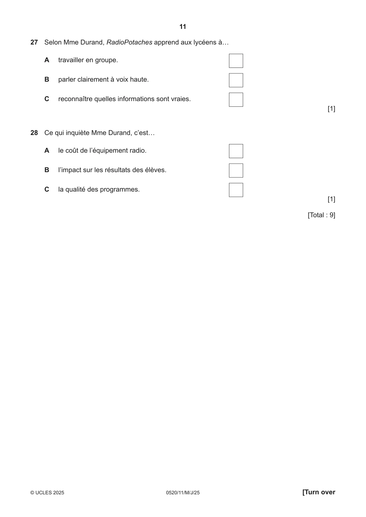 Cambridge IGCSE French - Foreign Language 0520 2025 May/June Paper 1 · Variant 1 question paper, page 11 of 16