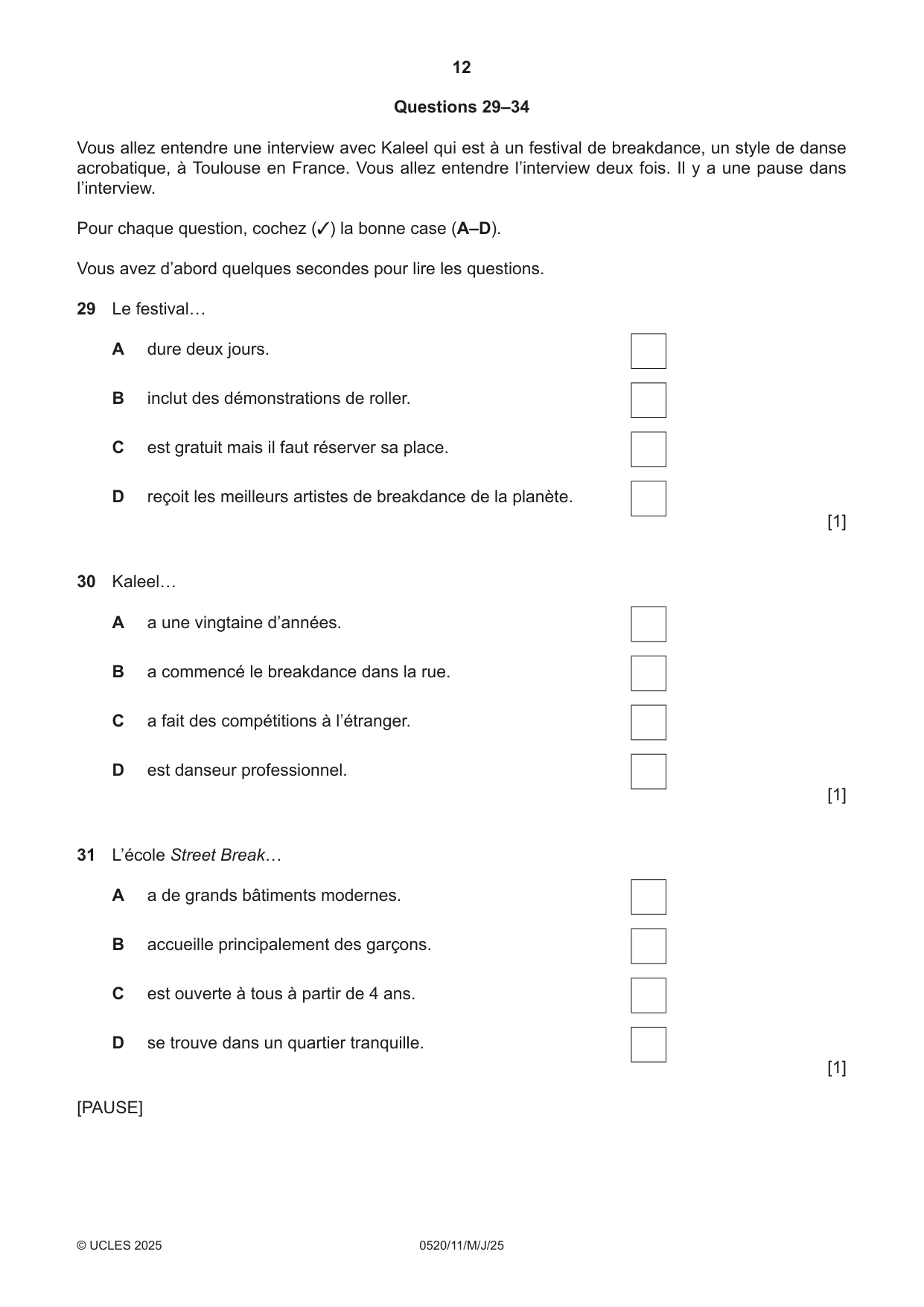 Cambridge IGCSE French - Foreign Language 0520 2025 May/June Paper 1 · Variant 1 question paper, page 12 of 16