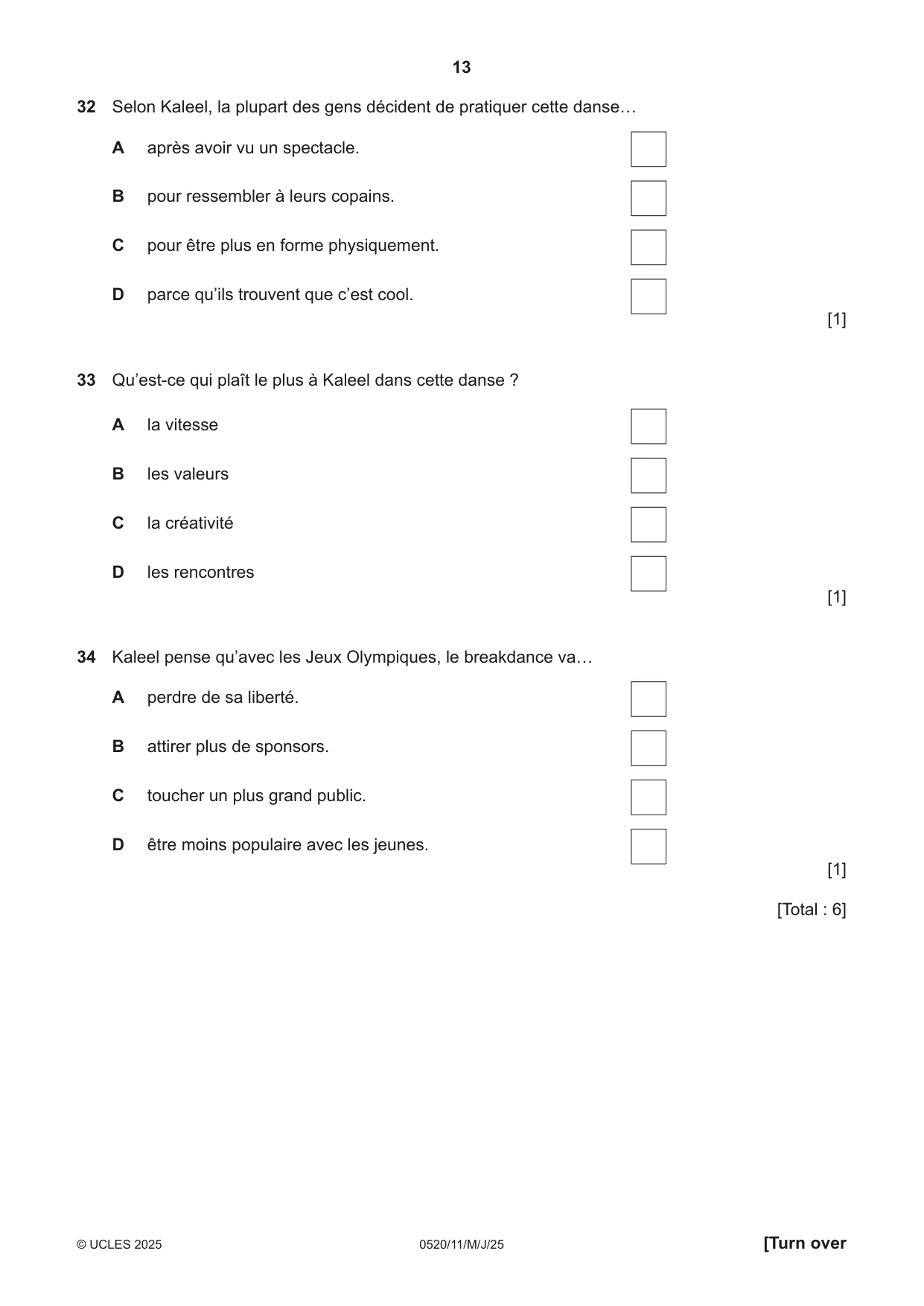 Cambridge IGCSE French - Foreign Language 0520 2025 May/June Paper 1 · Variant 1 question paper, page 13 of 16