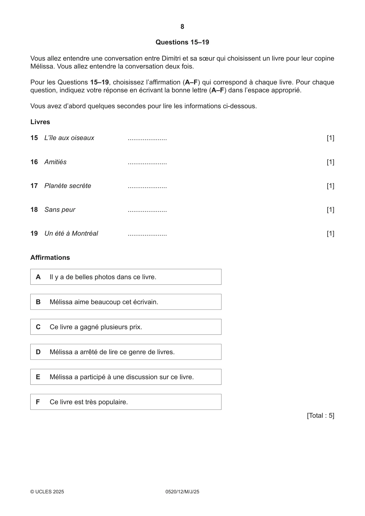 Cambridge IGCSE French - Foreign Language 0520 2025 May/June Paper 1 · Variant 2 question paper, page 8 of 16