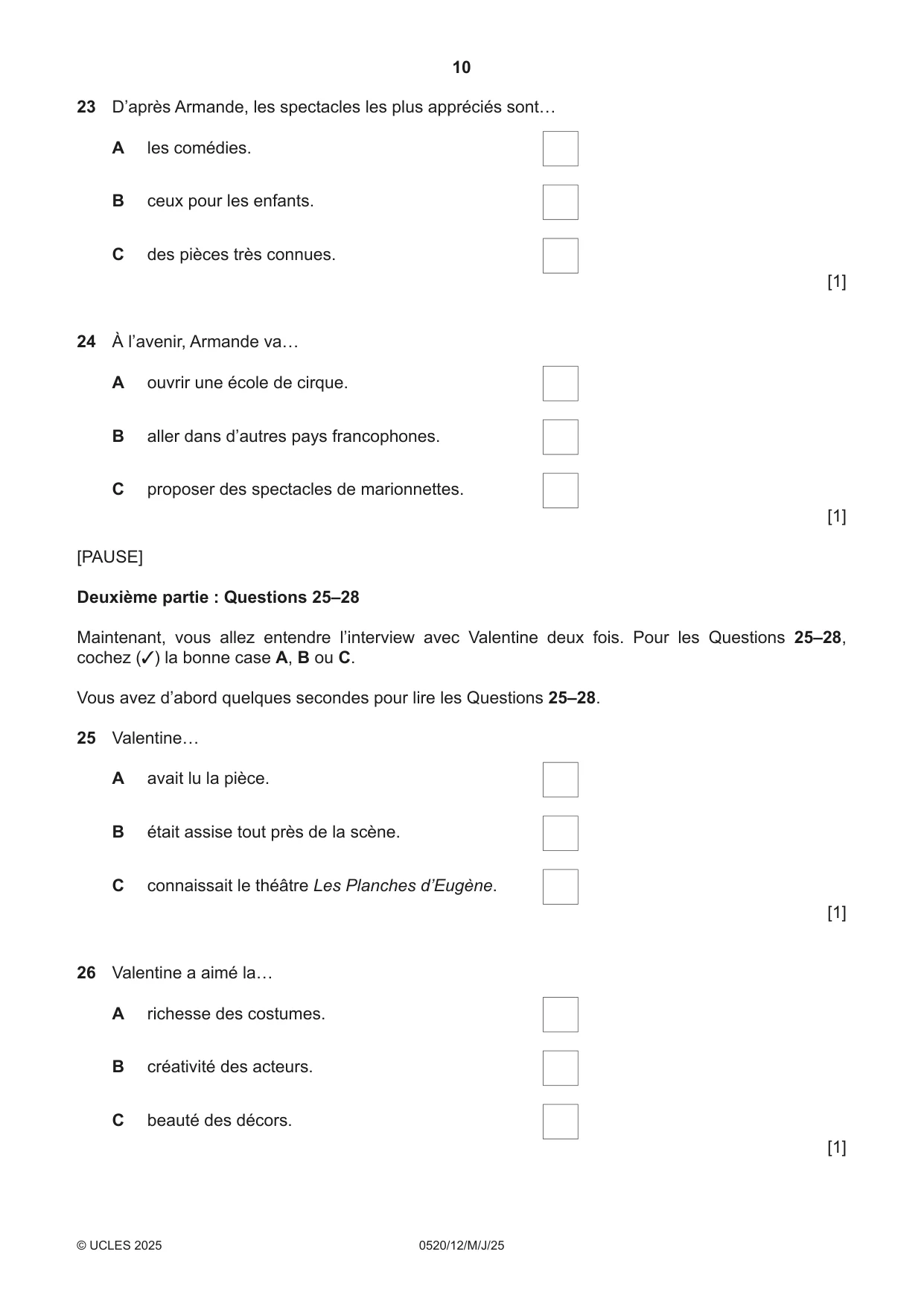 Cambridge IGCSE French - Foreign Language 0520 2025 May/June Paper 1 · Variant 2 question paper, page 10 of 16