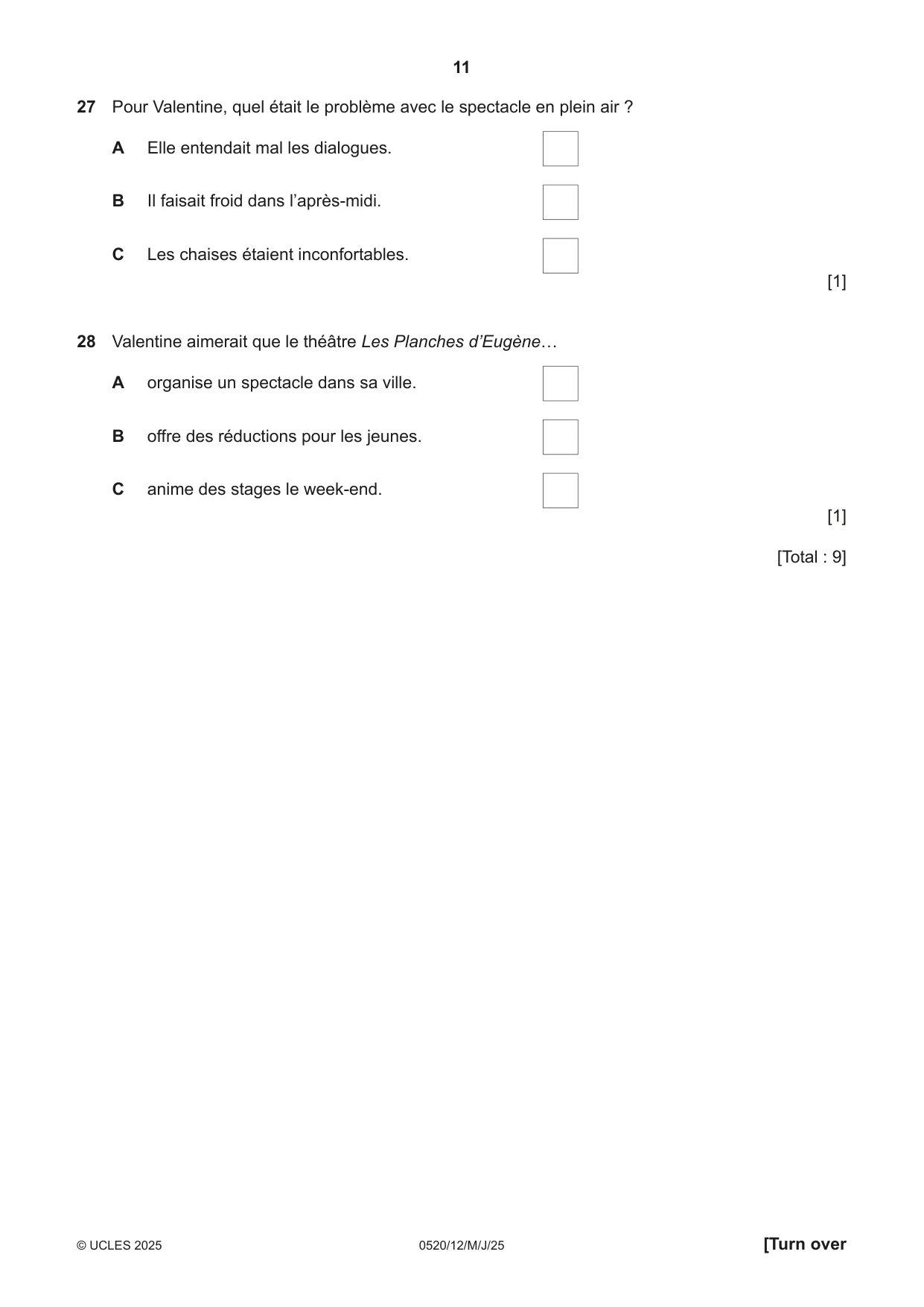 Cambridge IGCSE French - Foreign Language 0520 2025 May/June Paper 1 · Variant 2 question paper, page 11 of 16