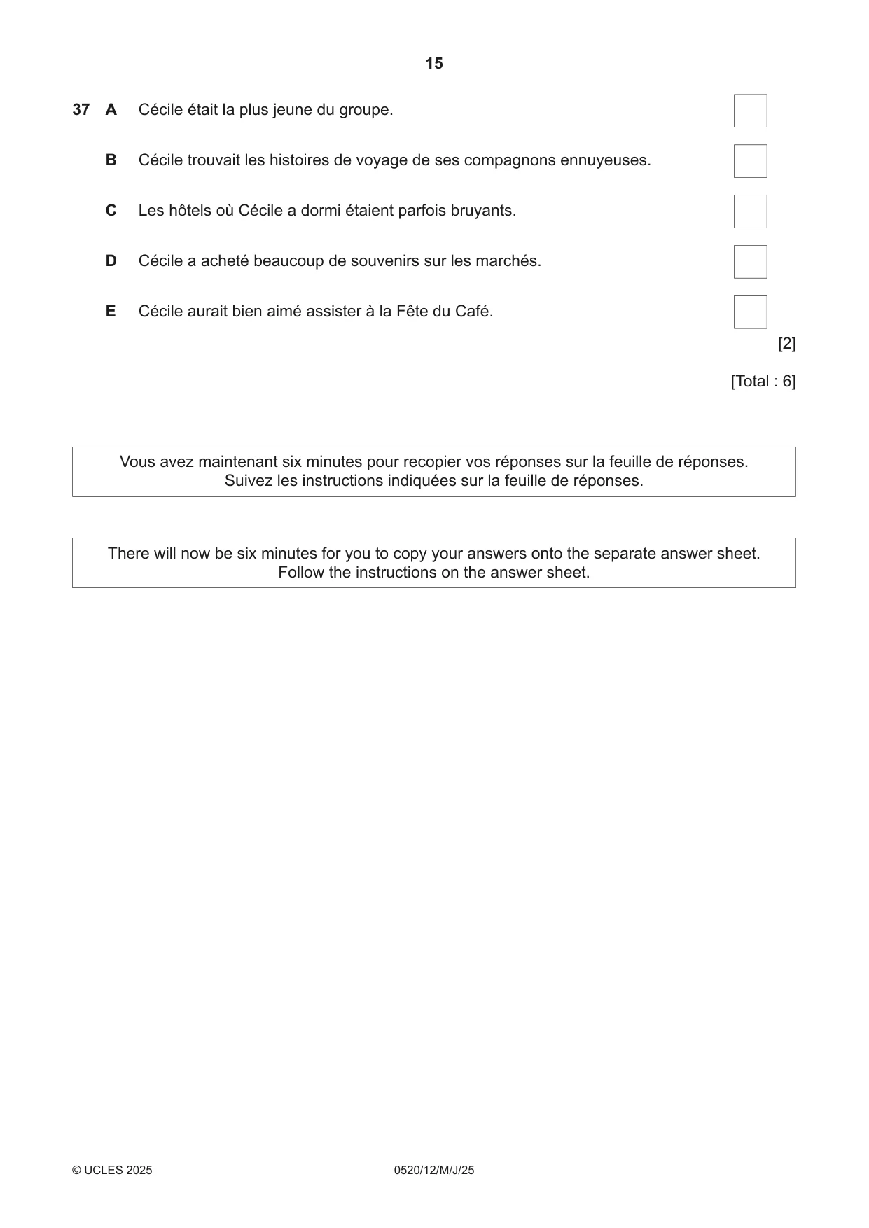 Cambridge IGCSE French - Foreign Language 0520 2025 May/June Paper 1 · Variant 2 question paper, page 15 of 16