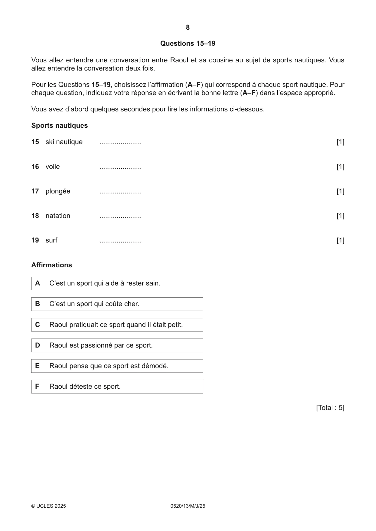 Cambridge IGCSE French - Foreign Language 0520 2025 May/June Paper 1 · Variant 3 question paper, page 8 of 16