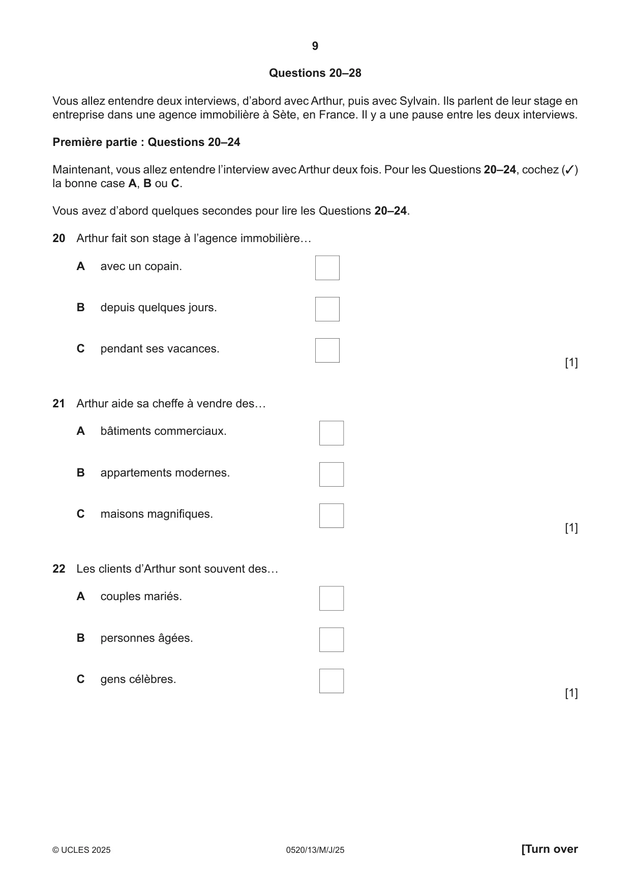 Cambridge IGCSE French - Foreign Language 0520 2025 May/June Paper 1 · Variant 3 question paper, page 9 of 16