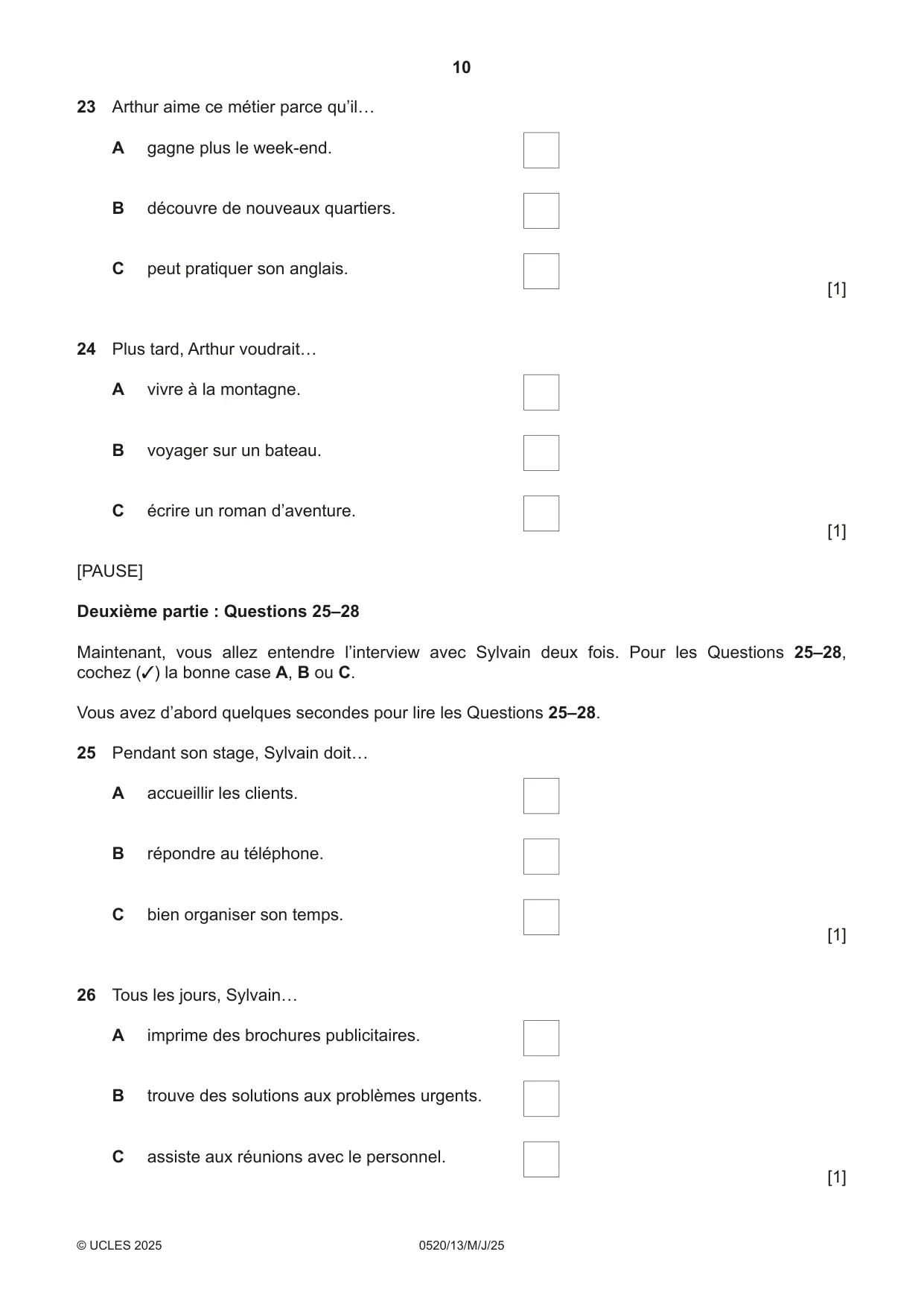 Cambridge IGCSE French - Foreign Language 0520 2025 May/June Paper 1 · Variant 3 question paper, page 10 of 16