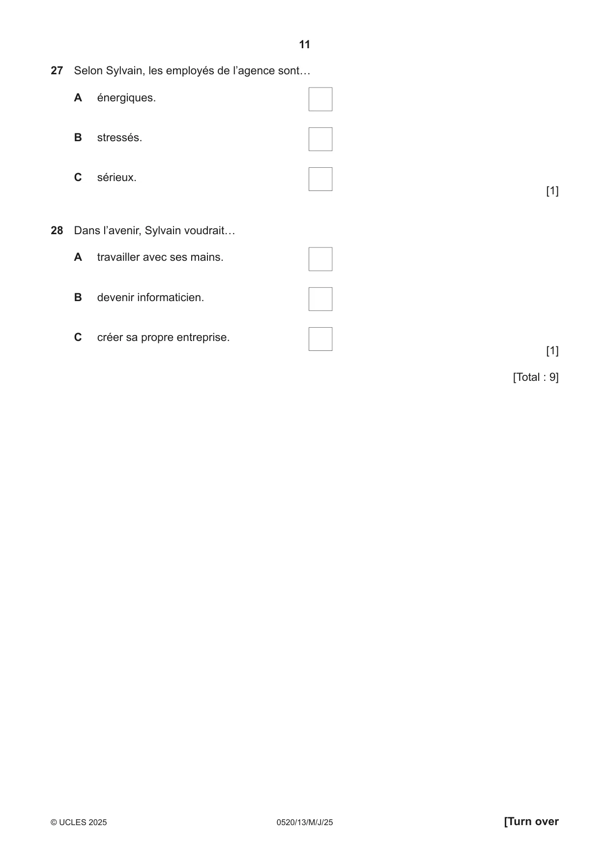 Cambridge IGCSE French - Foreign Language 0520 2025 May/June Paper 1 · Variant 3 question paper, page 11 of 16