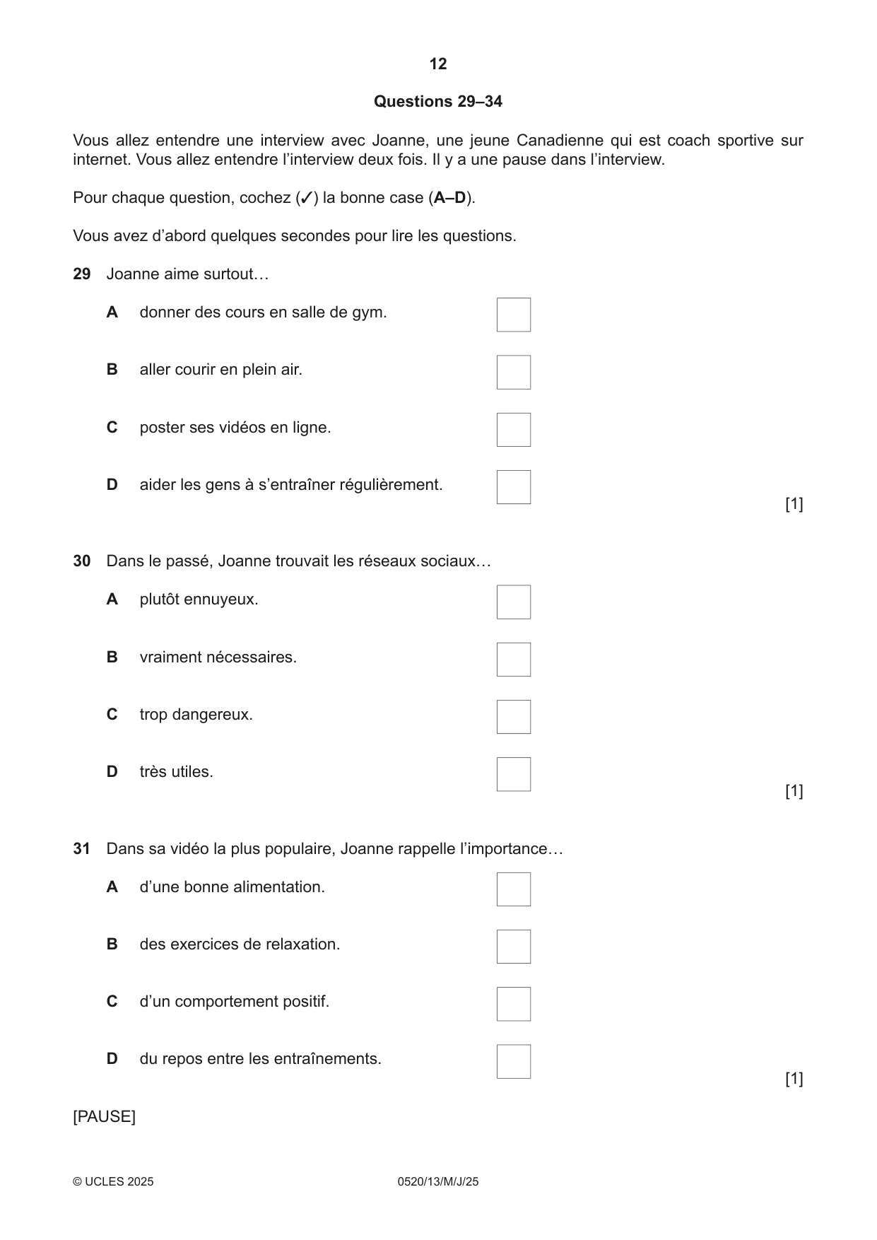 Cambridge IGCSE French - Foreign Language 0520 2025 May/June Paper 1 · Variant 3 question paper, page 12 of 16