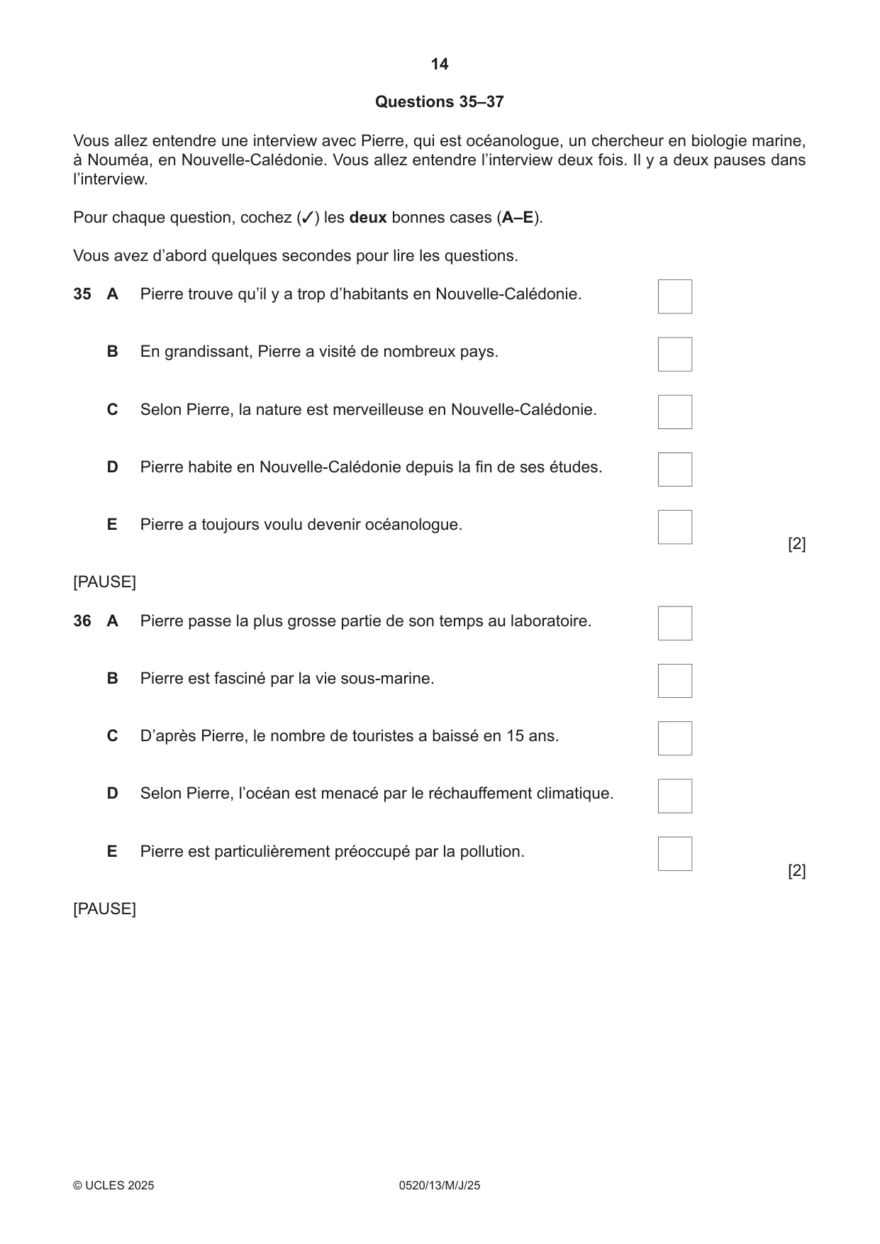 Cambridge IGCSE French - Foreign Language 0520 2025 May/June Paper 1 · Variant 3 question paper, page 14 of 16