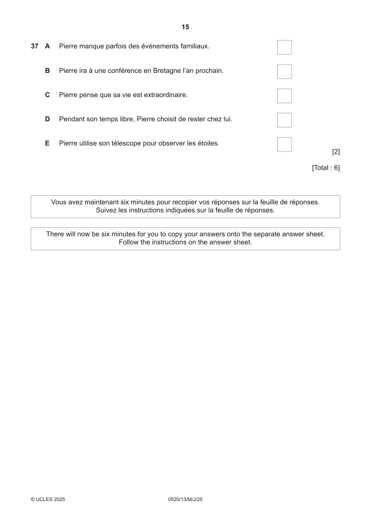 Cambridge IGCSE French - Foreign Language 0520 2025 May/June Paper 1 · Variant 3 question paper, page 15 of 16