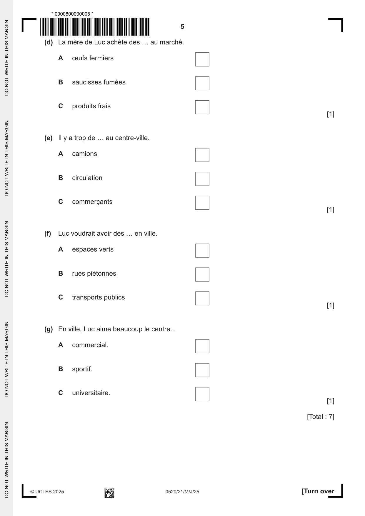 Cambridge IGCSE French - Foreign Language 0520 2025 May/June Paper 2 · Variant 1 question paper, page 5 of 12