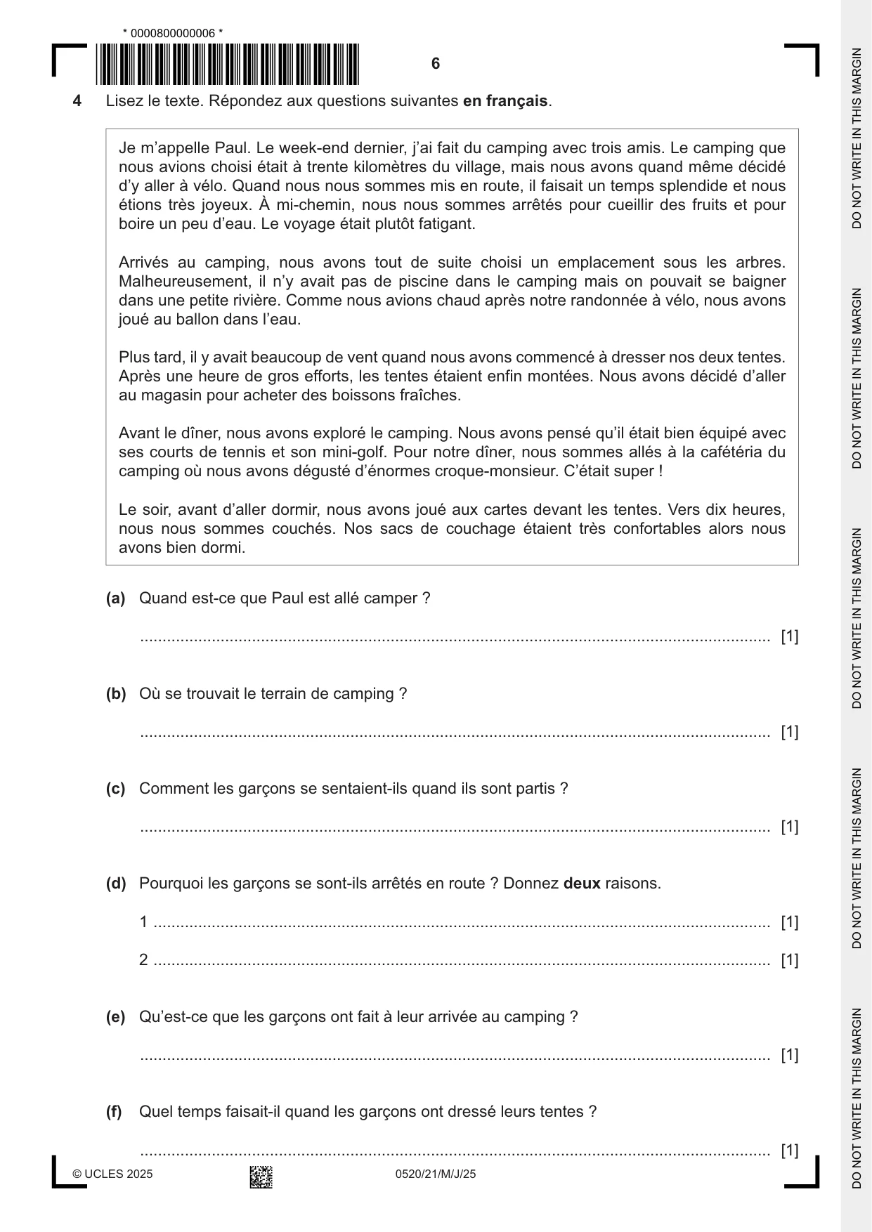 Cambridge IGCSE French - Foreign Language 0520 2025 May/June Paper 2 · Variant 1 question paper, page 6 of 12