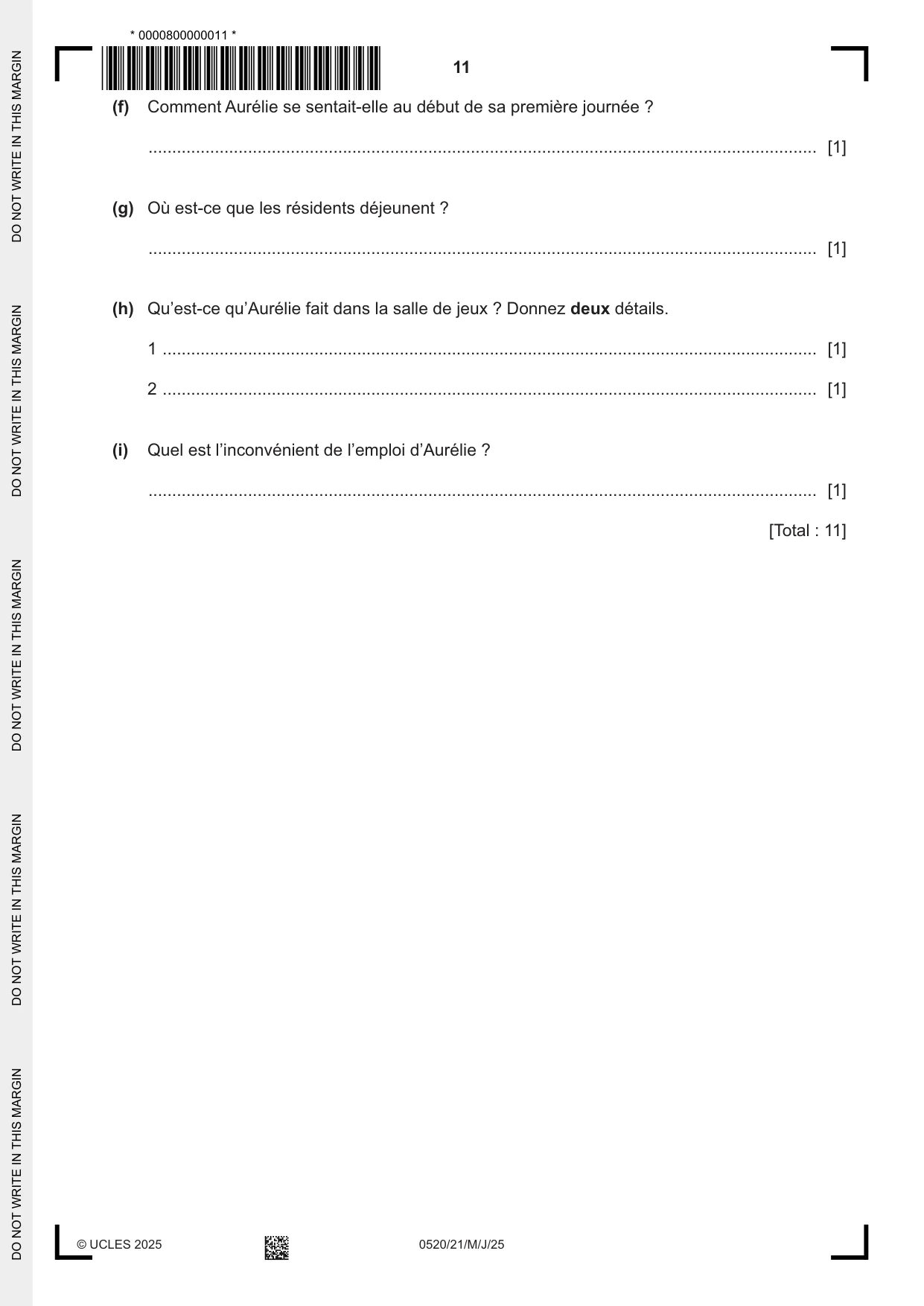 Cambridge IGCSE French - Foreign Language 0520 2025 May/June Paper 2 · Variant 1 question paper, page 11 of 12