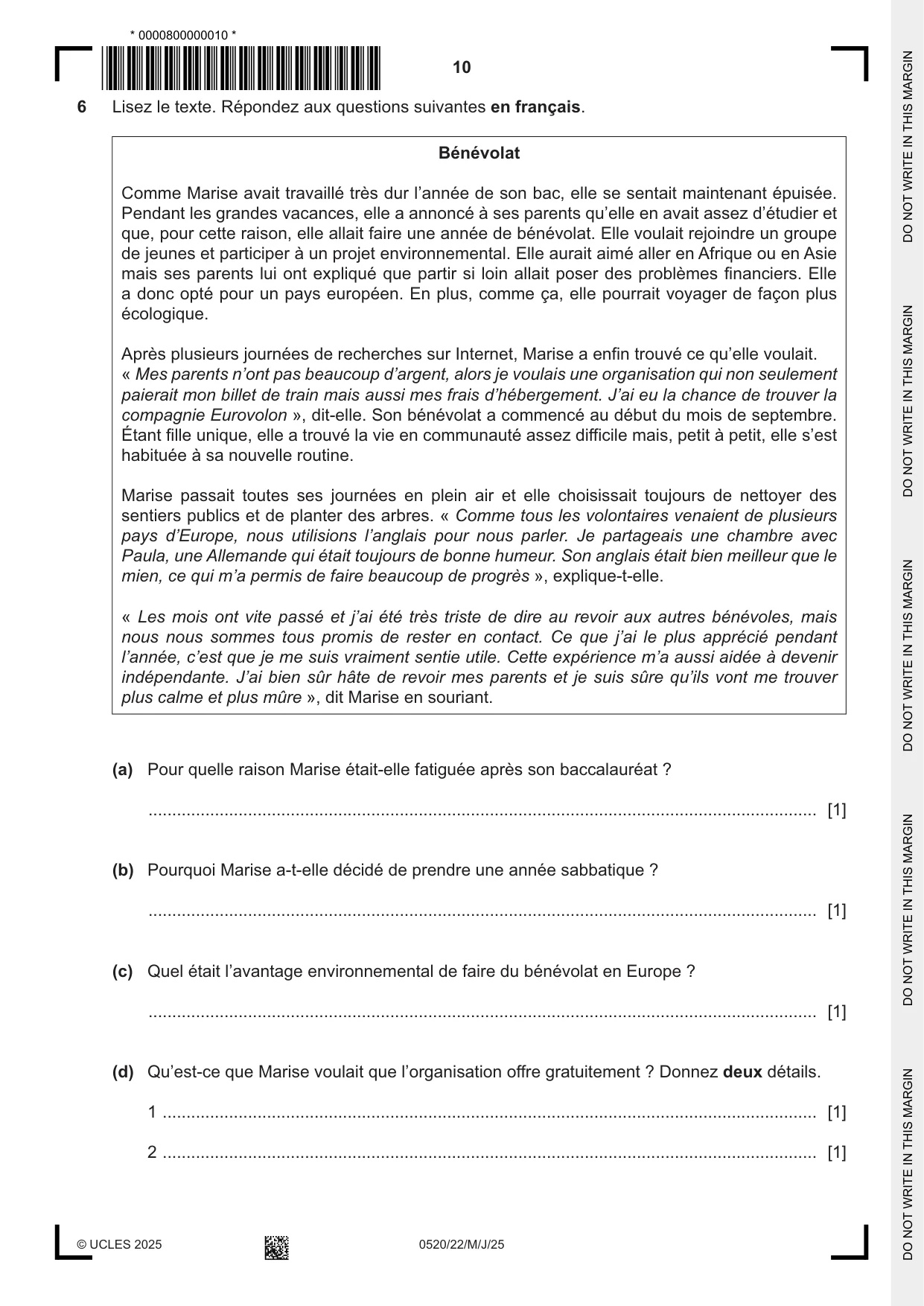 Cambridge IGCSE French - Foreign Language 0520 2025 May/June Paper 2 · Variant 2 question paper, page 10 of 12