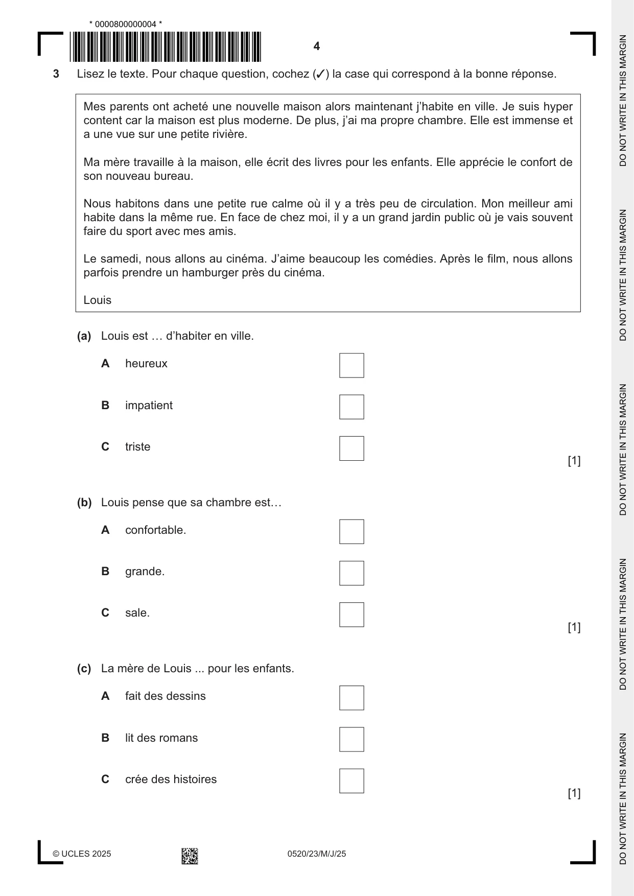 Cambridge IGCSE French - Foreign Language 0520 2025 May/June Paper 2 · Variant 3 question paper, page 4 of 12