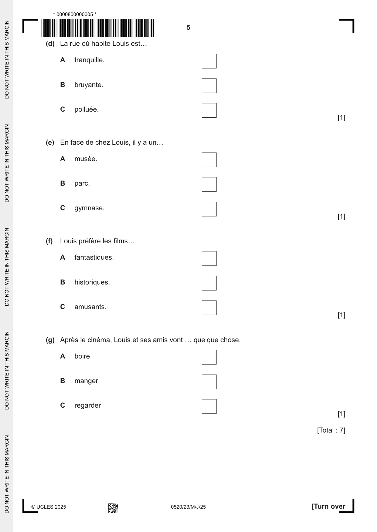 Cambridge IGCSE French - Foreign Language 0520 2025 May/June Paper 2 · Variant 3 question paper, page 5 of 12