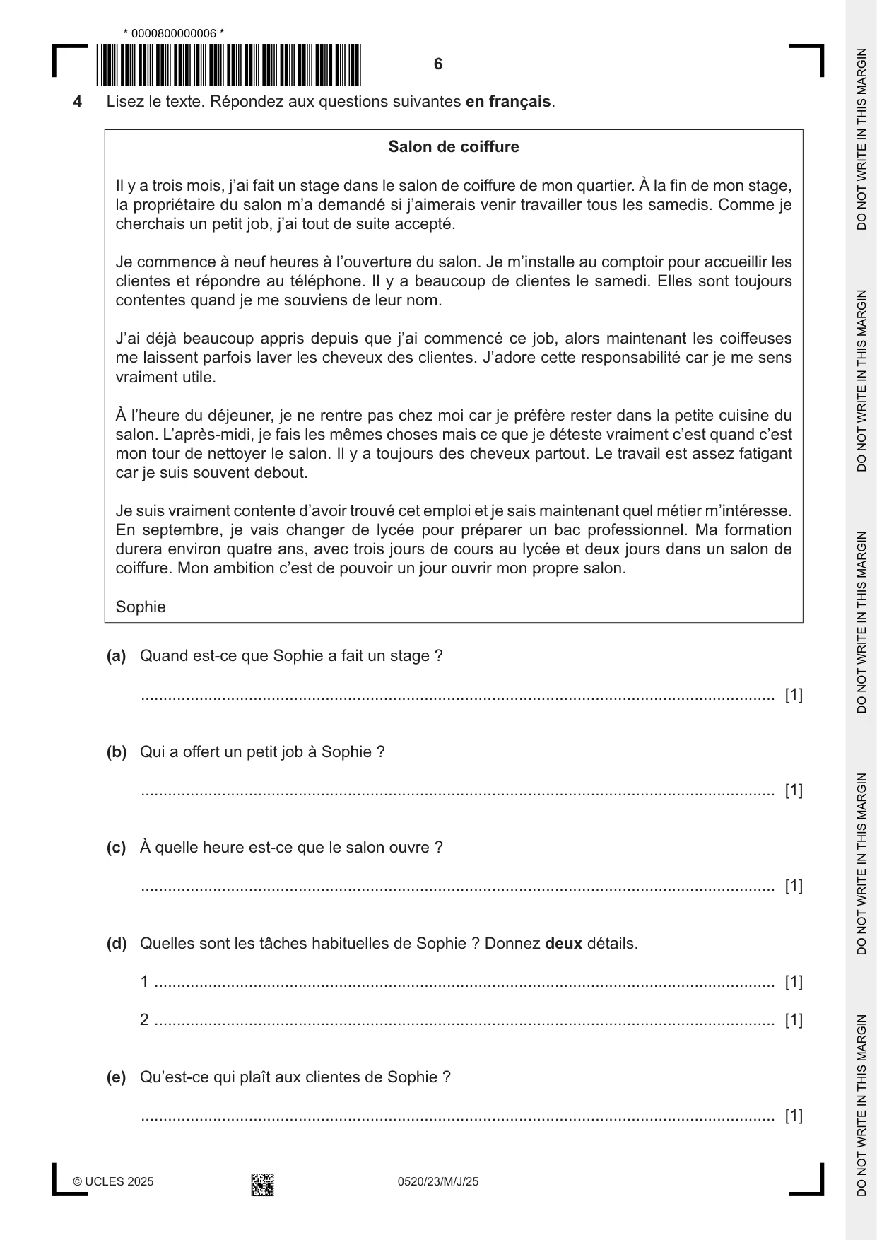 Cambridge IGCSE French - Foreign Language 0520 2025 May/June Paper 2 · Variant 3 question paper, page 6 of 12