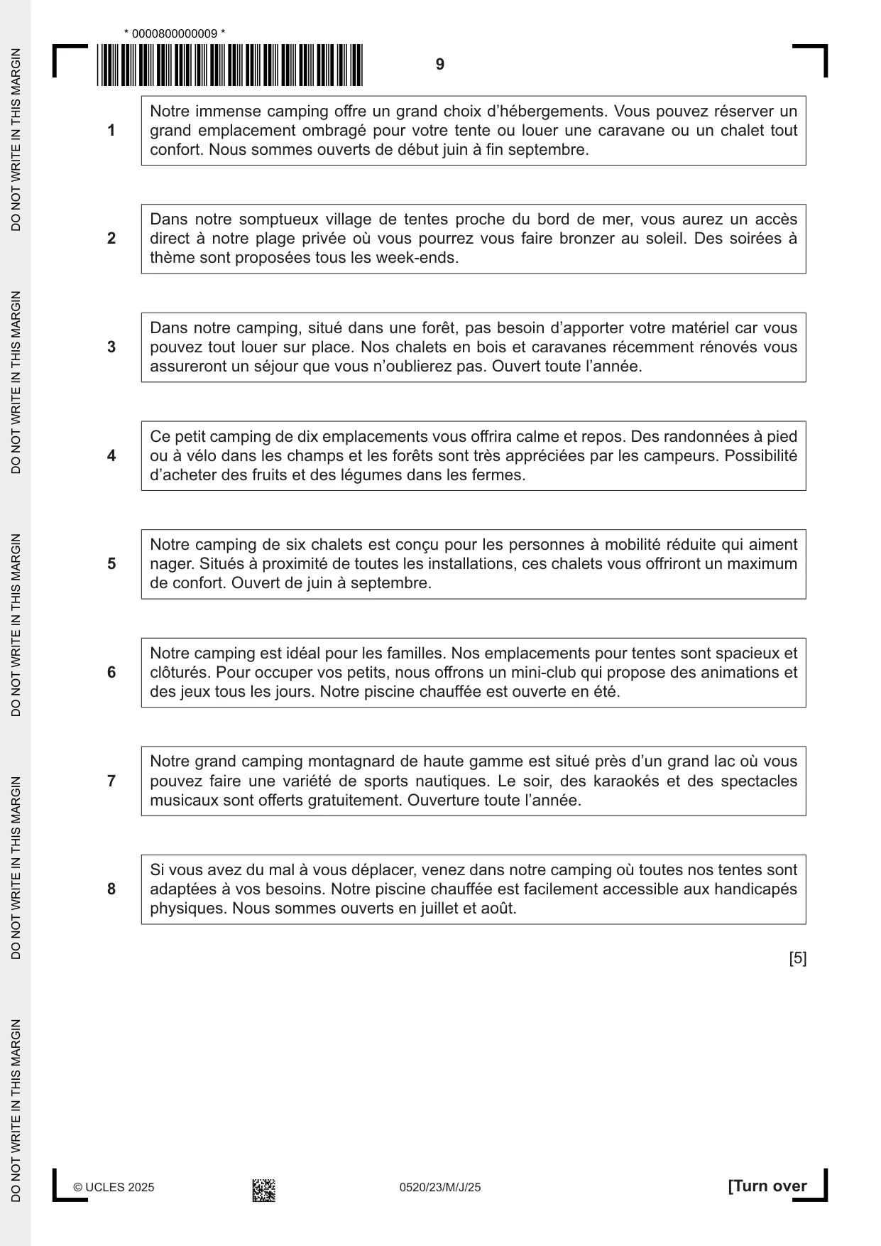 Cambridge IGCSE French - Foreign Language 0520 2025 May/June Paper 2 · Variant 3 question paper, page 9 of 12