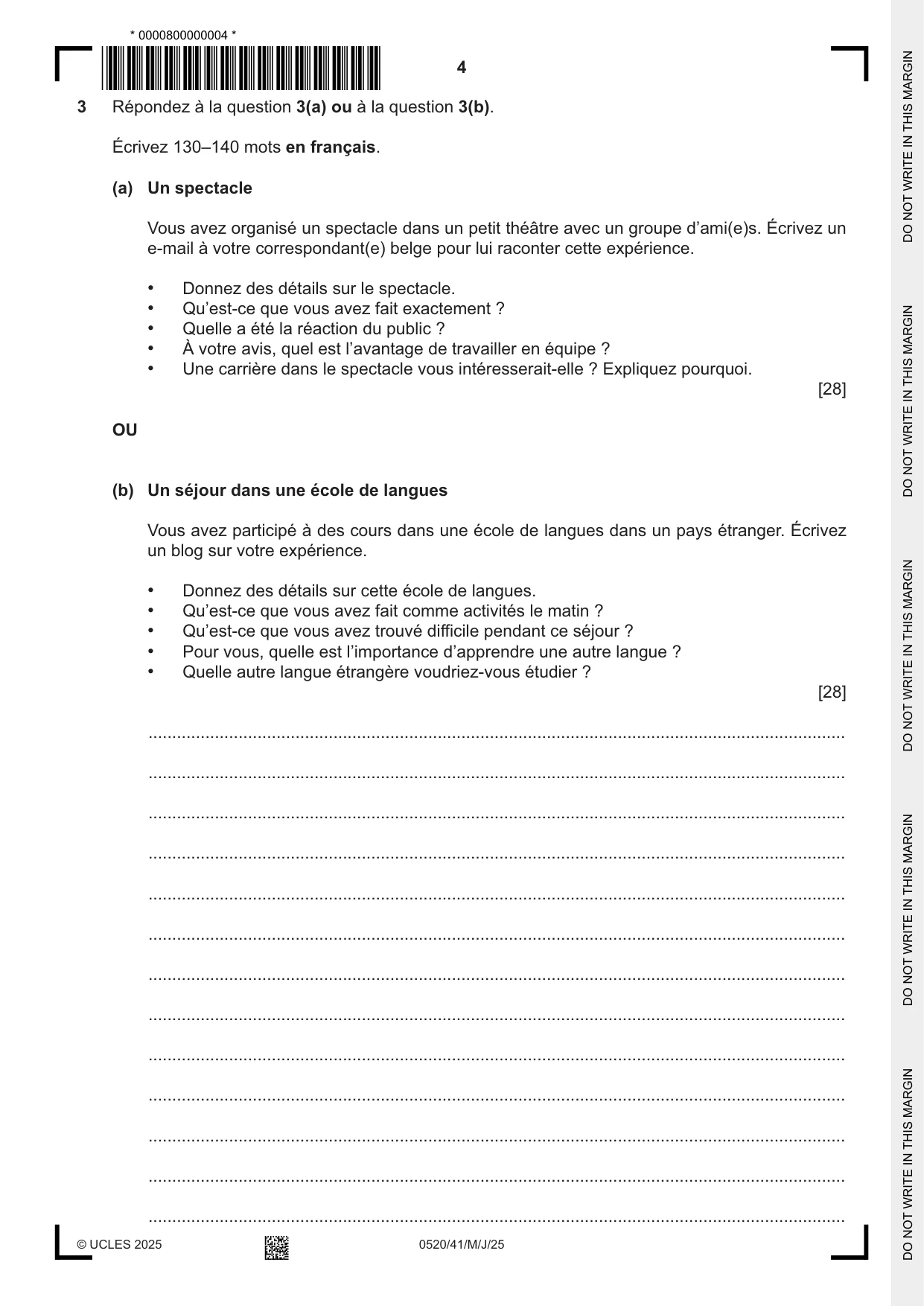 Cambridge IGCSE French - Foreign Language 0520 2025 May/June Paper 4 · Variant 1 question paper, page 4 of 8