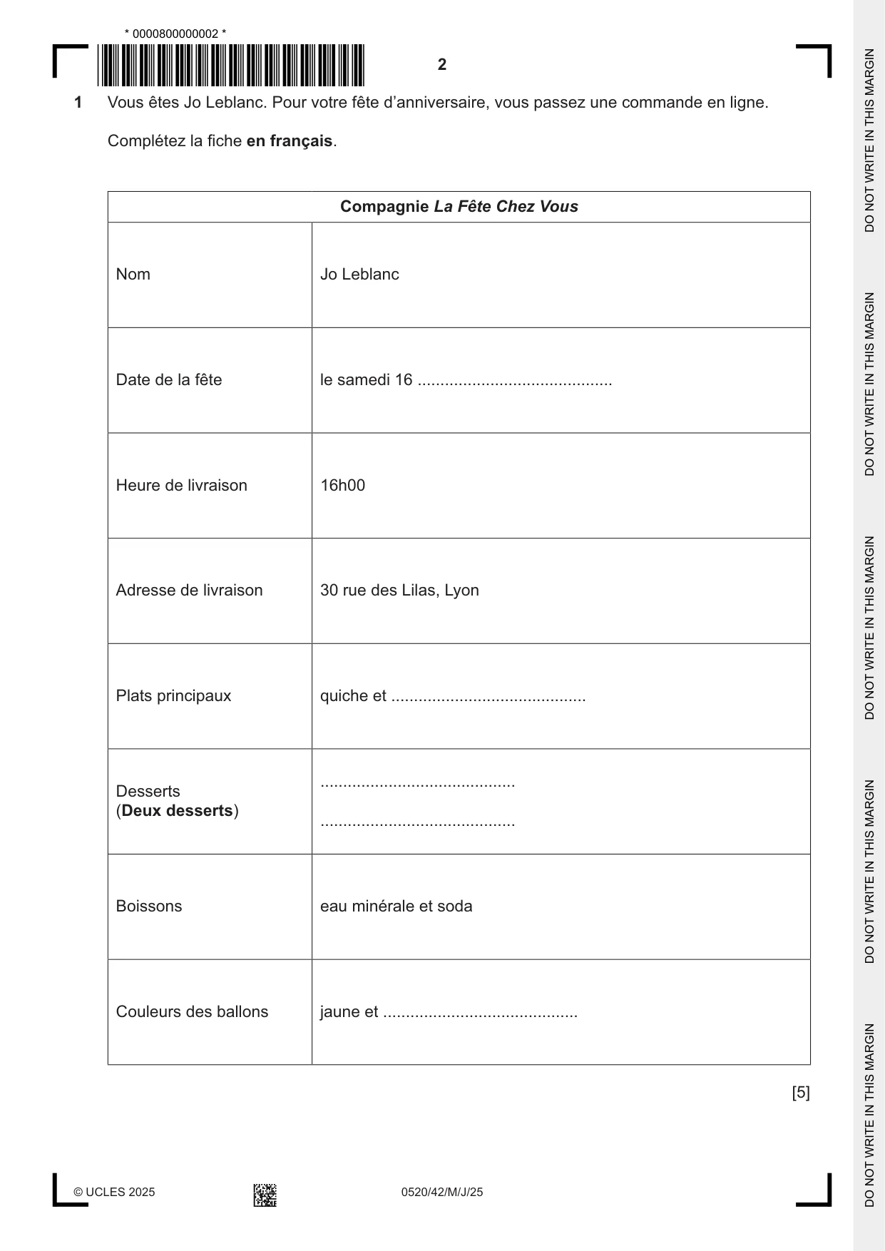 Cambridge IGCSE French - Foreign Language 0520 2025 May/June Paper 4 · Variant 2 question paper, page 2 of 8