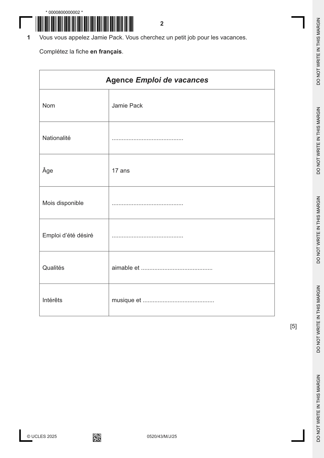 Cambridge IGCSE French - Foreign Language 0520 2025 May/June Paper 4 · Variant 3 question paper, page 2 of 8