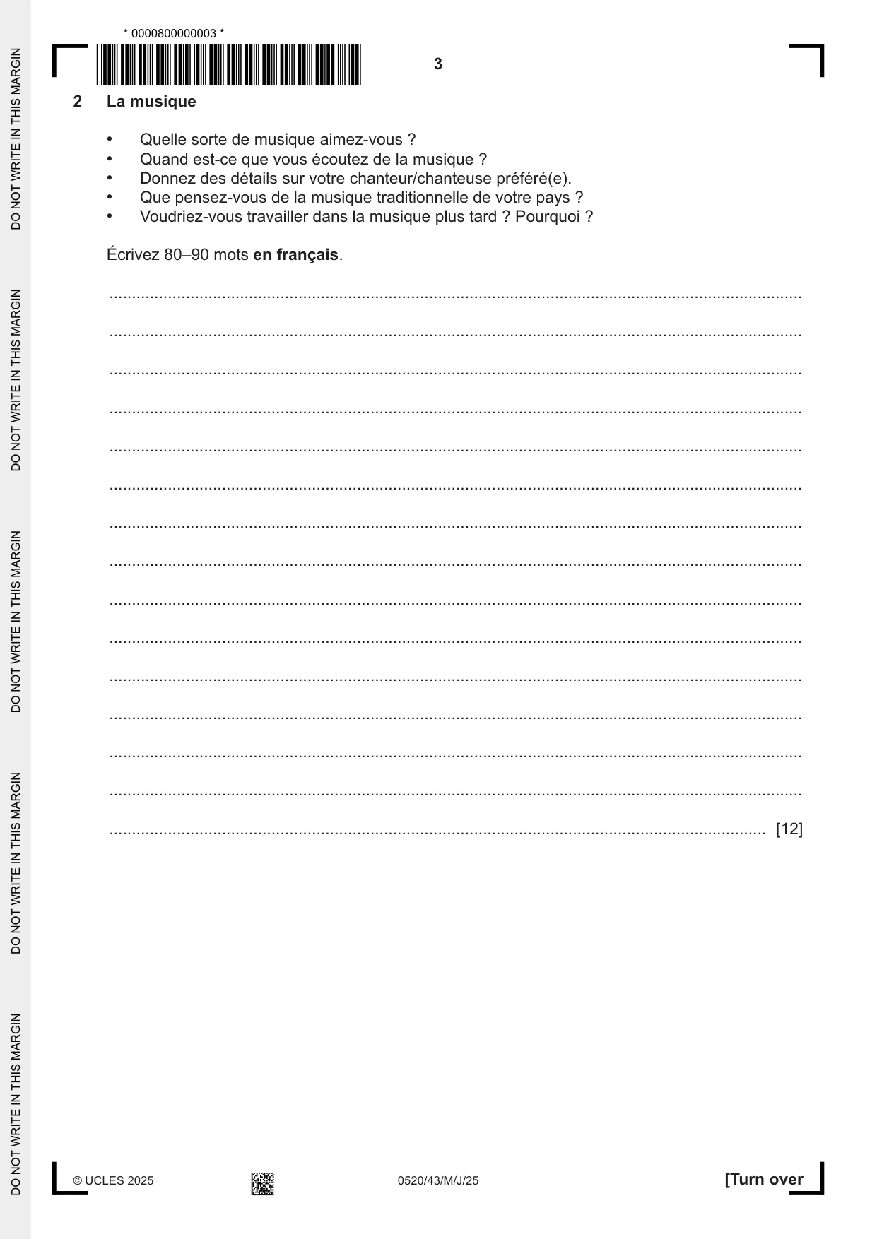 Cambridge IGCSE French - Foreign Language 0520 2025 May/June Paper 4 · Variant 3 question paper, page 3 of 8