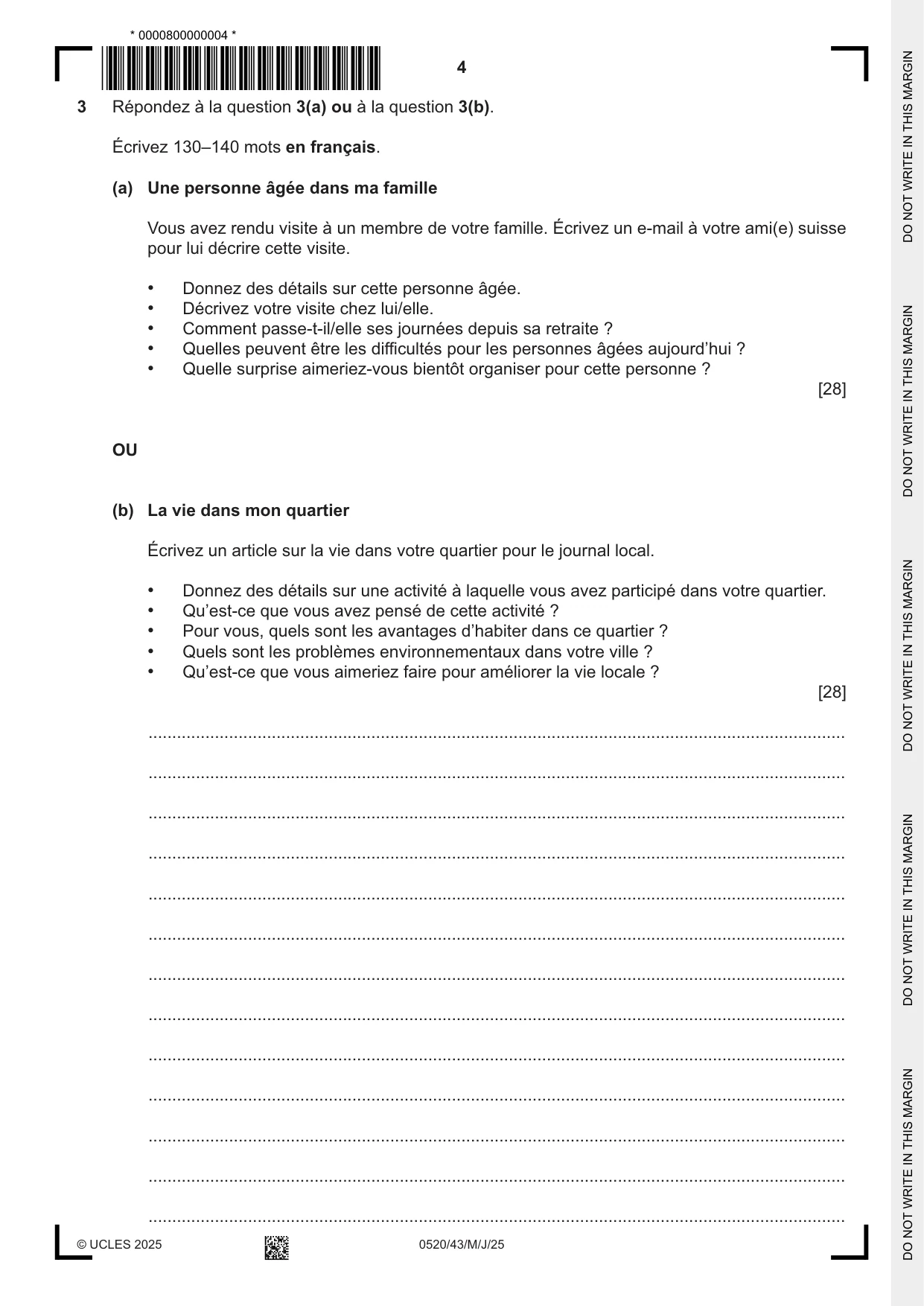Cambridge IGCSE French - Foreign Language 0520 2025 May/June Paper 4 · Variant 3 question paper, page 4 of 8