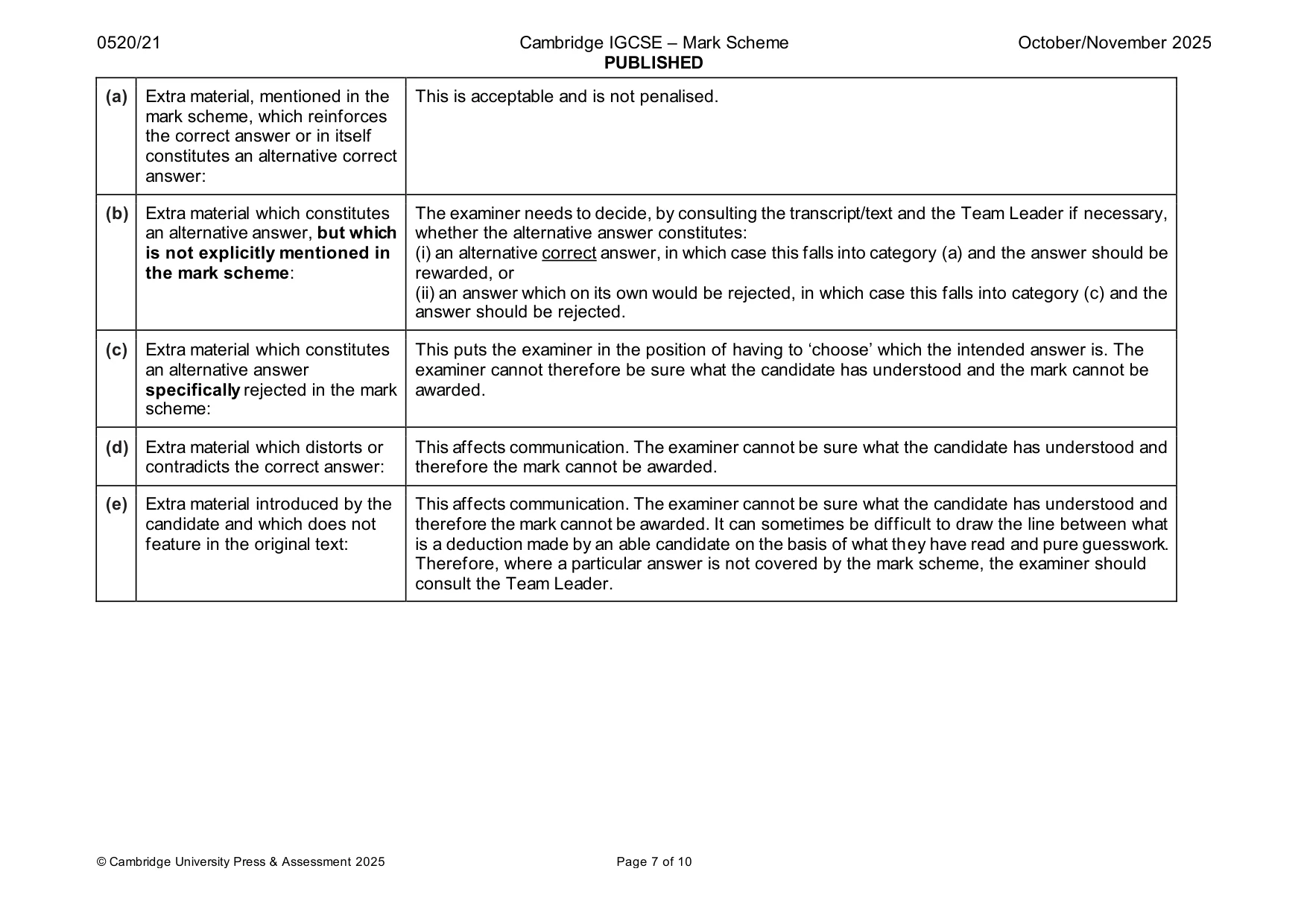 Mark scheme, page 7 of 10