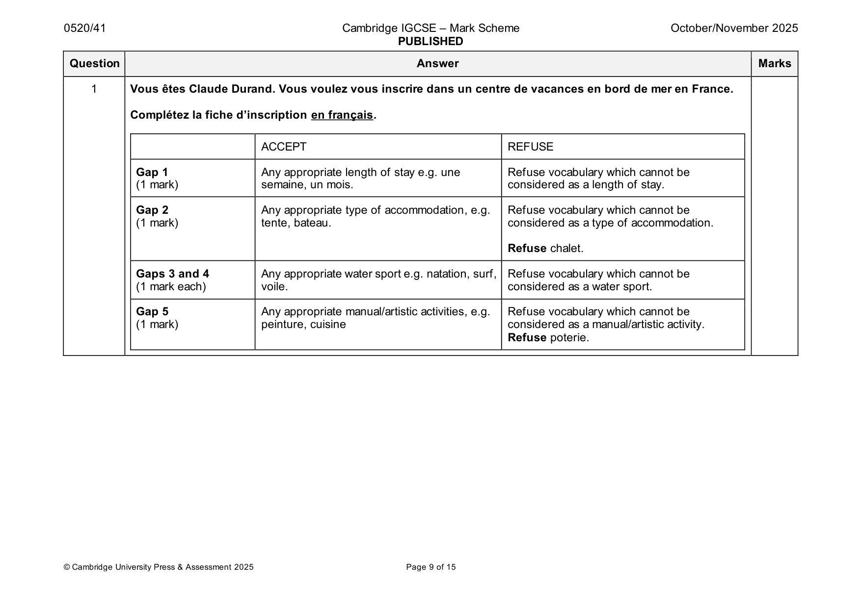 Mark scheme, page 9 of 15