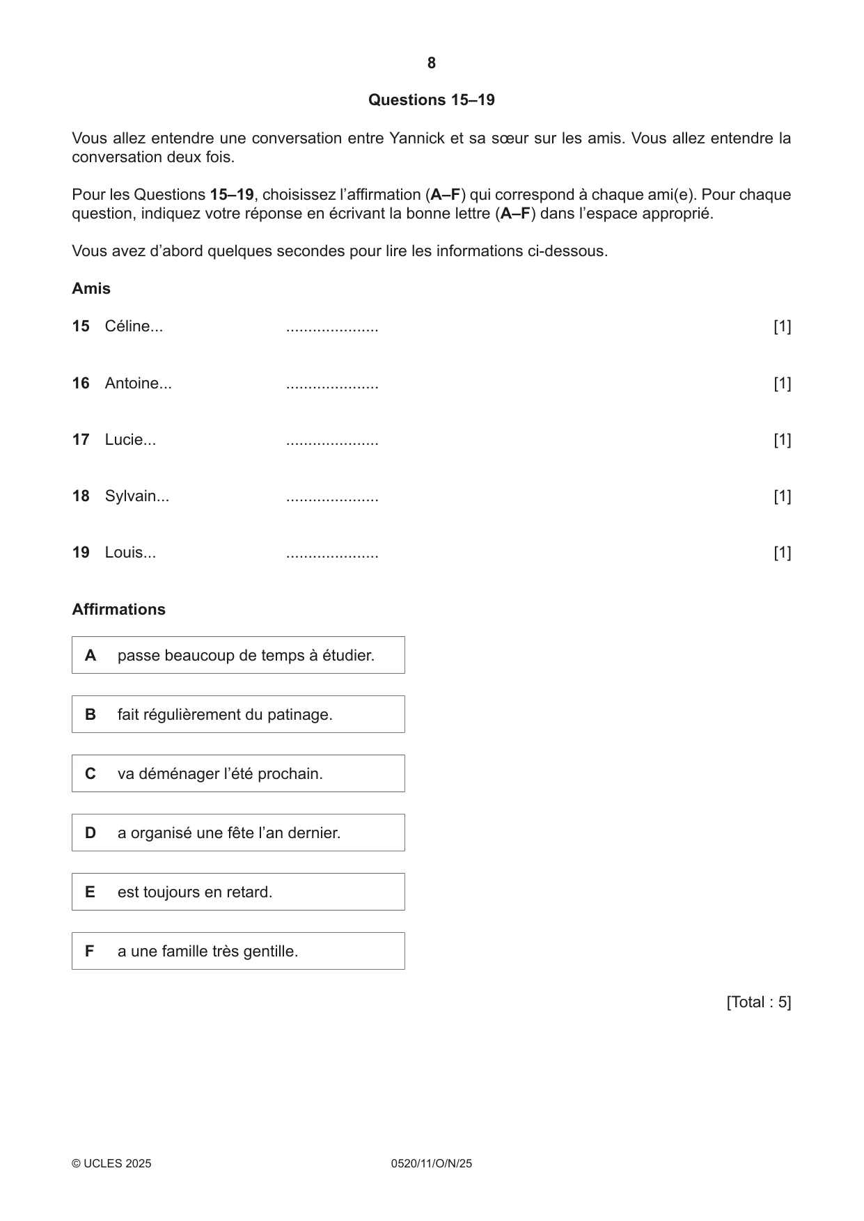 Cambridge IGCSE French - Foreign Language 0520 2025 Oct/Nov Paper 1 · Variant 1 question paper, page 8 of 16