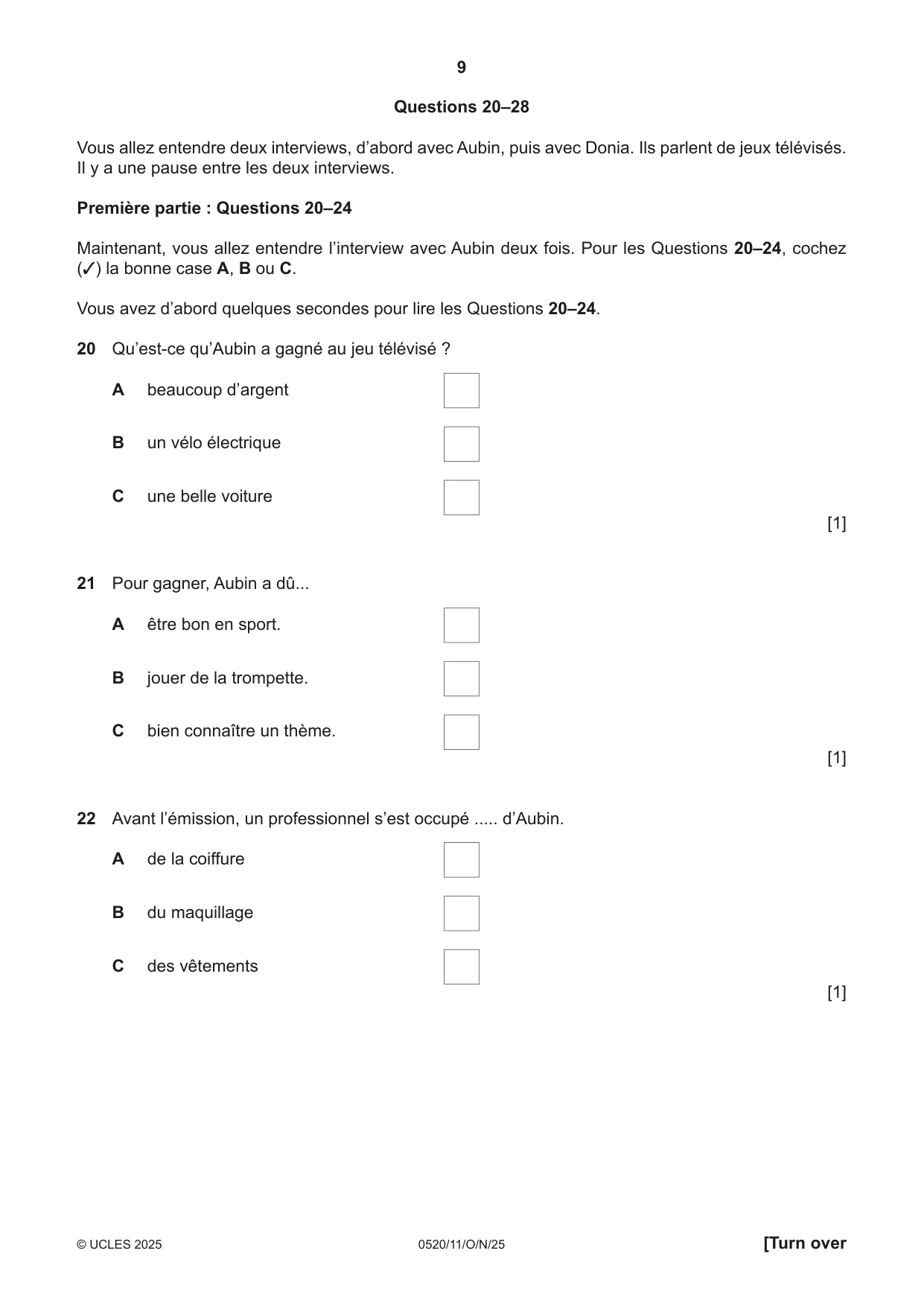 Cambridge IGCSE French - Foreign Language 0520 2025 Oct/Nov Paper 1 · Variant 1 question paper, page 9 of 16