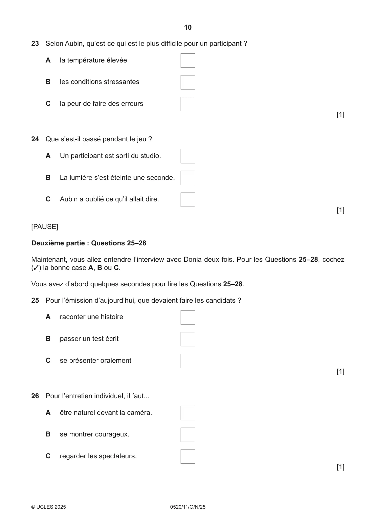 Cambridge IGCSE French - Foreign Language 0520 2025 Oct/Nov Paper 1 · Variant 1 question paper, page 10 of 16
