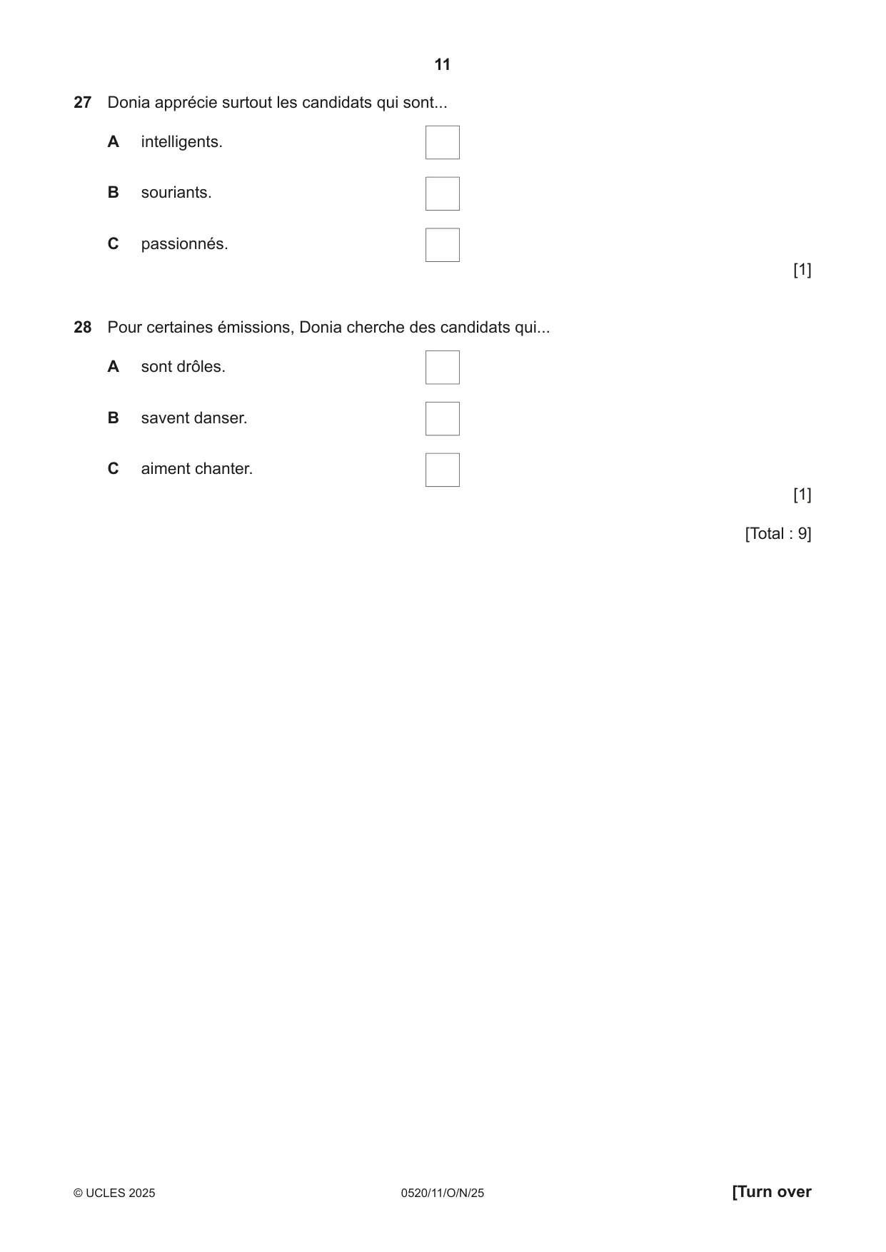 Cambridge IGCSE French - Foreign Language 0520 2025 Oct/Nov Paper 1 · Variant 1 question paper, page 11 of 16