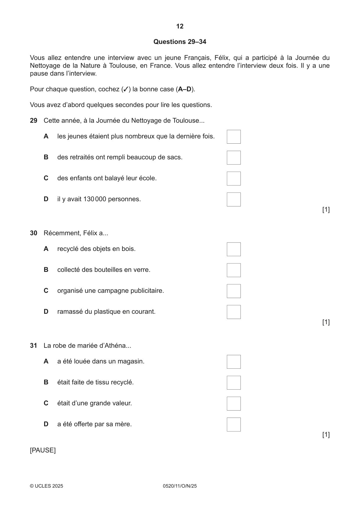 Cambridge IGCSE French - Foreign Language 0520 2025 Oct/Nov Paper 1 · Variant 1 question paper, page 12 of 16