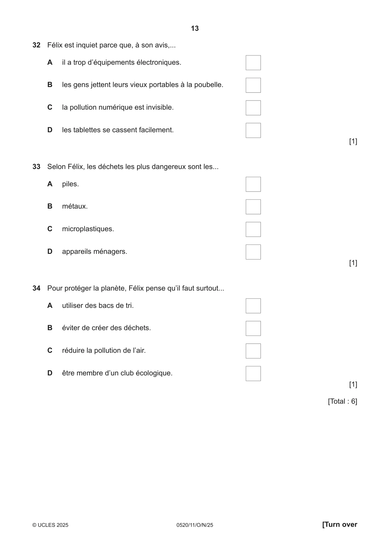 Cambridge IGCSE French - Foreign Language 0520 2025 Oct/Nov Paper 1 · Variant 1 question paper, page 13 of 16