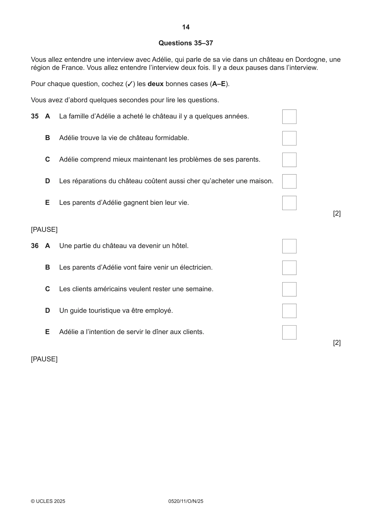 Cambridge IGCSE French - Foreign Language 0520 2025 Oct/Nov Paper 1 · Variant 1 question paper, page 14 of 16
