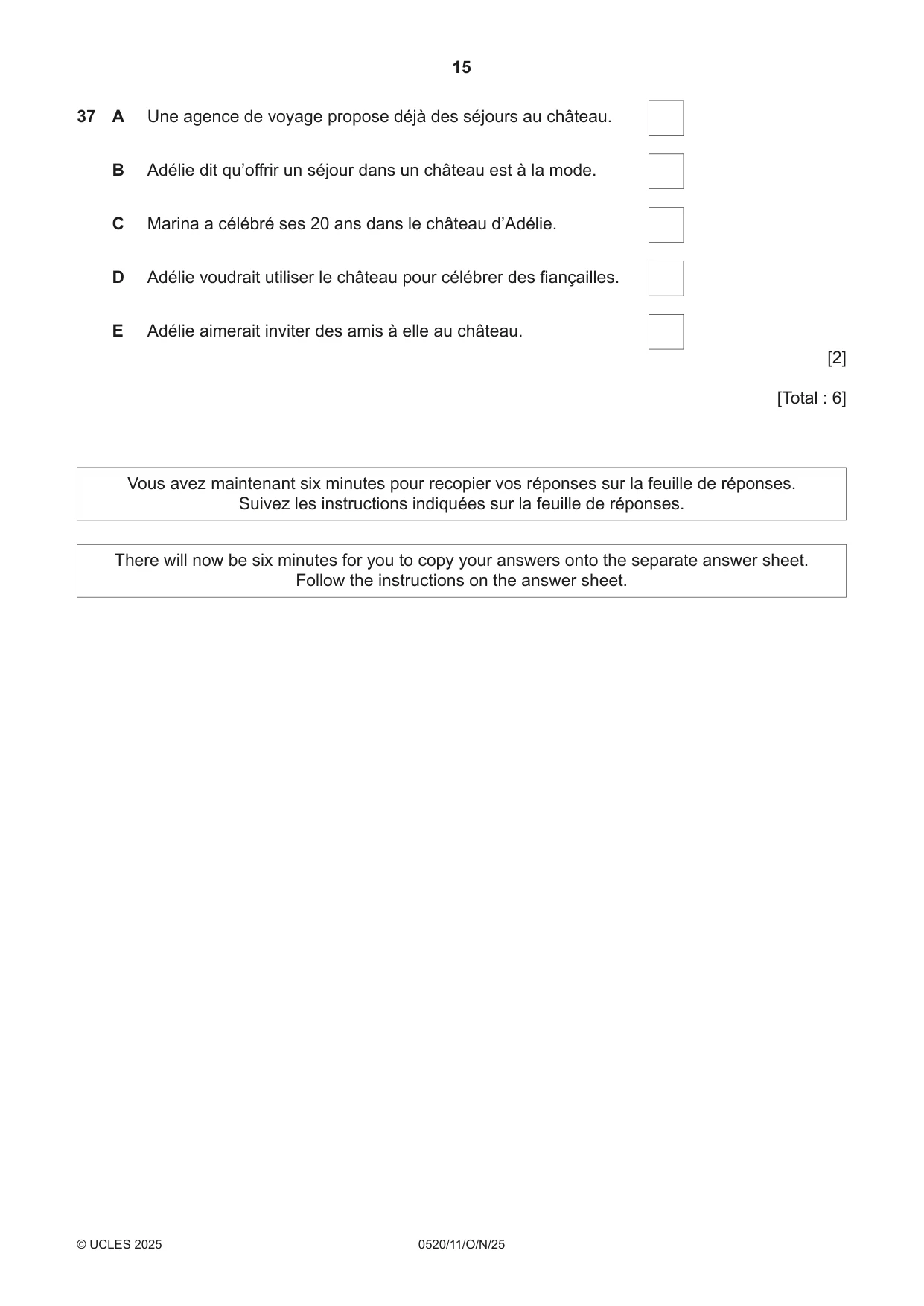Cambridge IGCSE French - Foreign Language 0520 2025 Oct/Nov Paper 1 · Variant 1 question paper, page 15 of 16