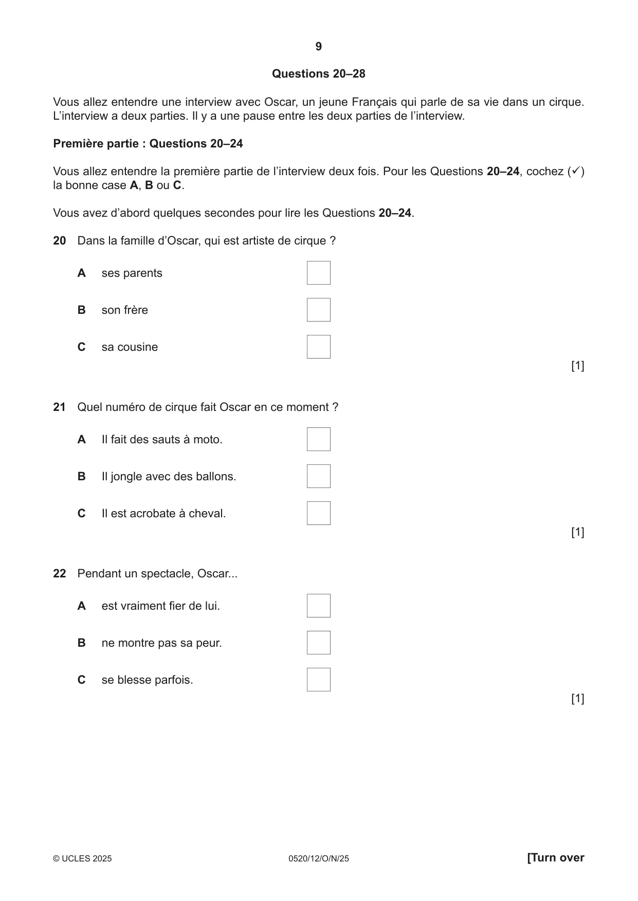 Cambridge IGCSE French - Foreign Language 0520 2025 Oct/Nov Paper 1 · Variant 2 question paper, page 9 of 16