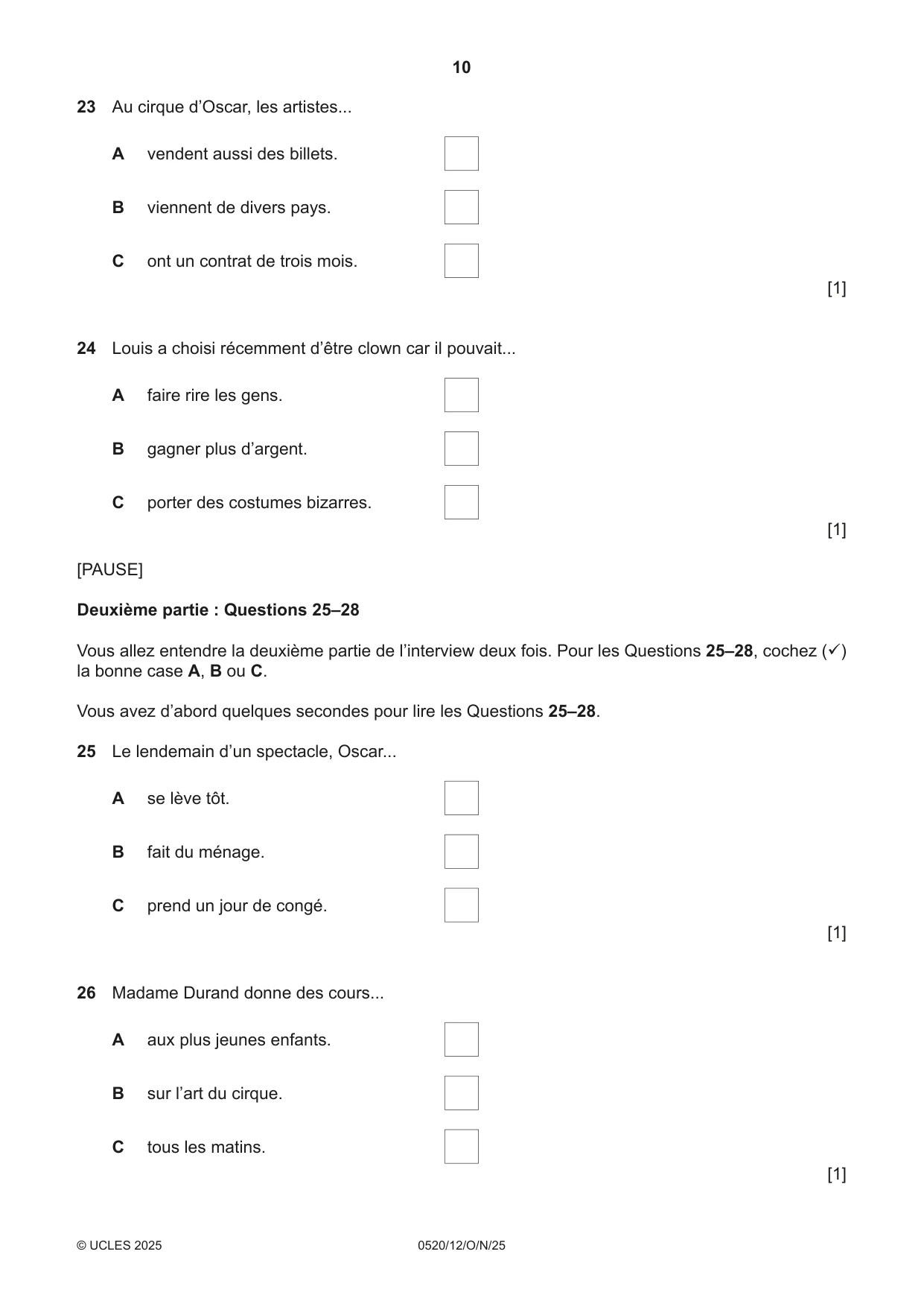 Cambridge IGCSE French - Foreign Language 0520 2025 Oct/Nov Paper 1 · Variant 2 question paper, page 10 of 16