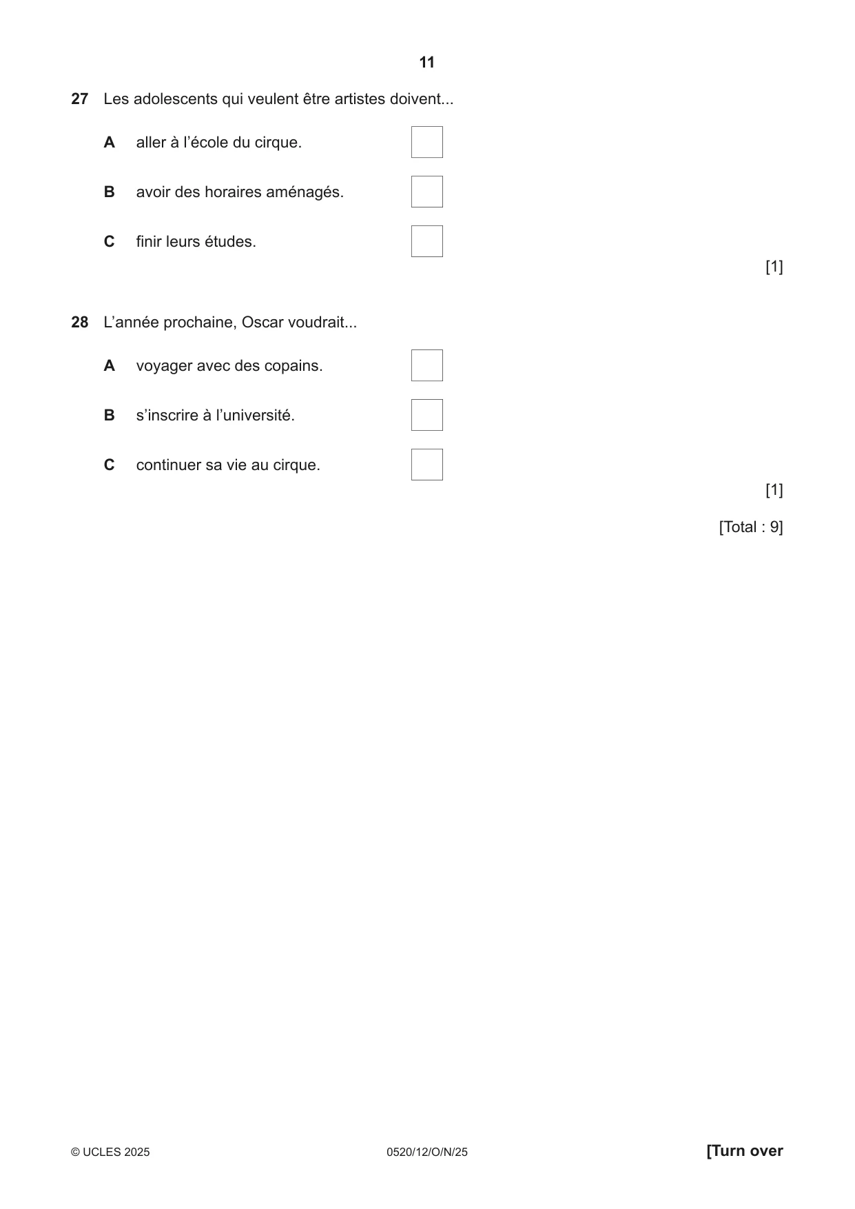 Cambridge IGCSE French - Foreign Language 0520 2025 Oct/Nov Paper 1 · Variant 2 question paper, page 11 of 16