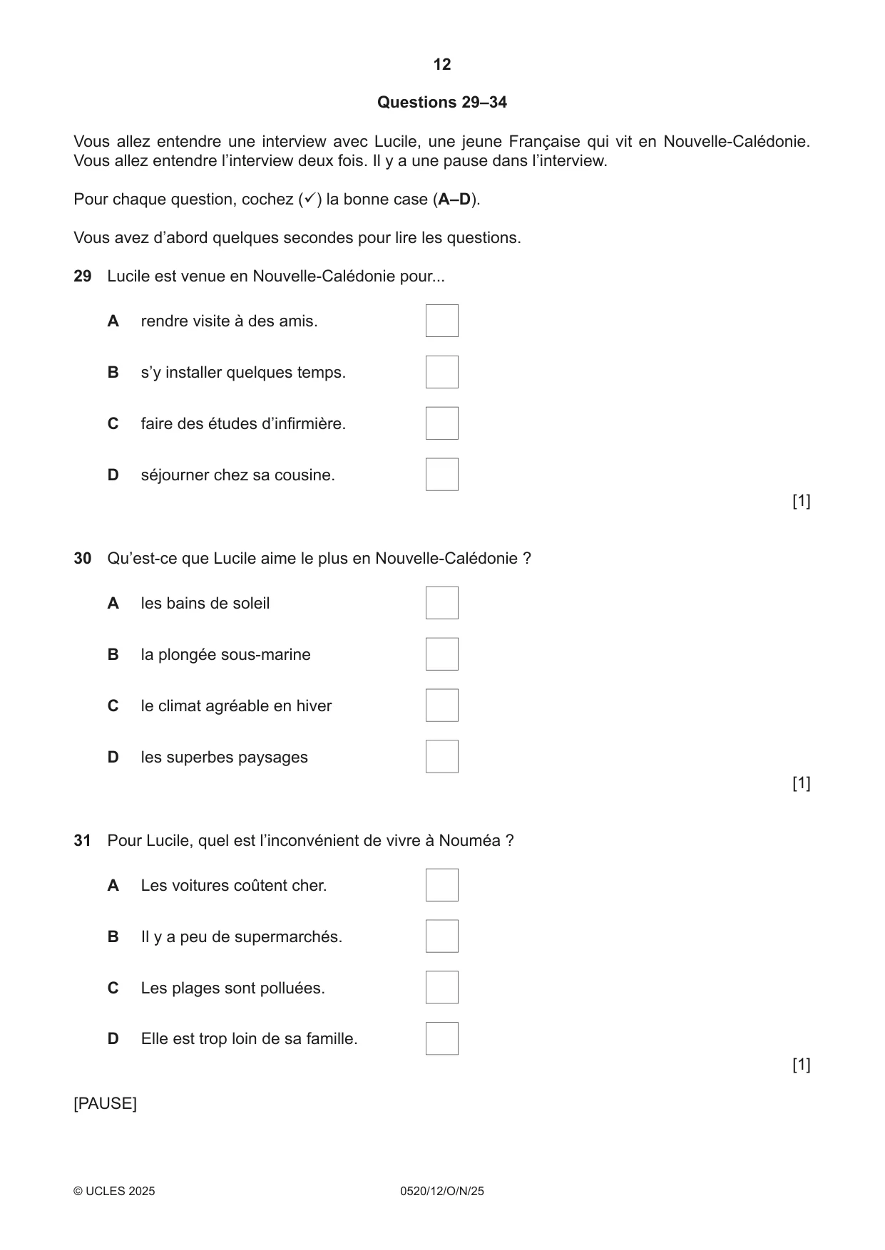 Cambridge IGCSE French - Foreign Language 0520 2025 Oct/Nov Paper 1 · Variant 2 question paper, page 12 of 16