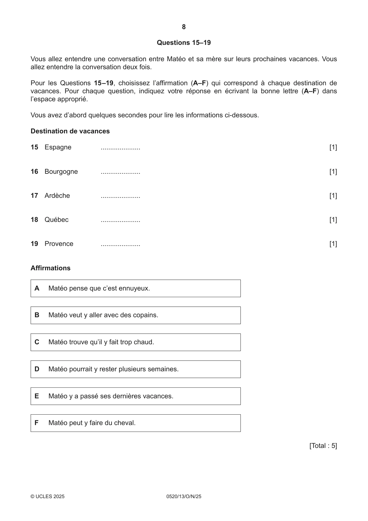 Cambridge IGCSE French - Foreign Language 0520 2025 Oct/Nov Paper 1 · Variant 3 question paper, page 8 of 16