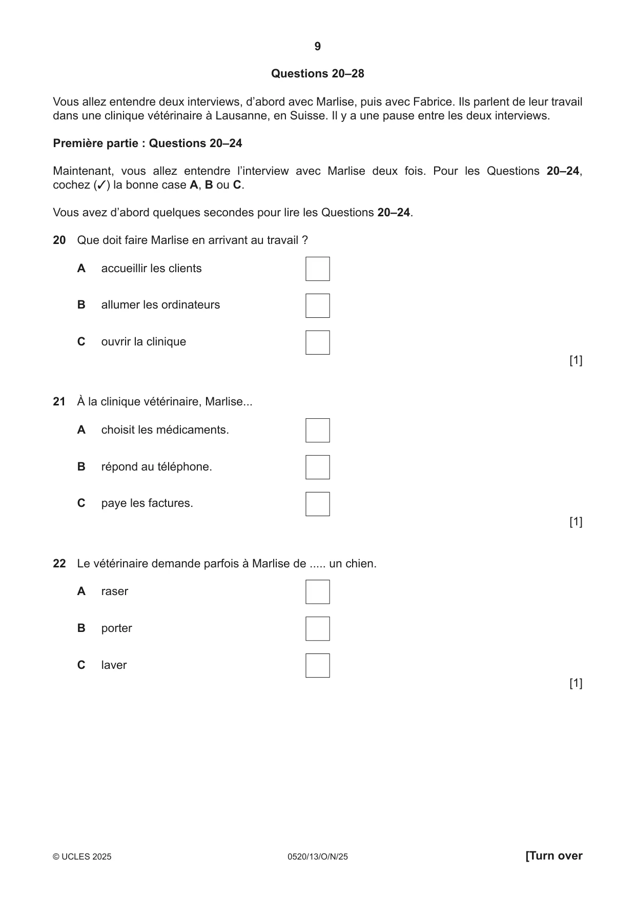 Cambridge IGCSE French - Foreign Language 0520 2025 Oct/Nov Paper 1 · Variant 3 question paper, page 9 of 16