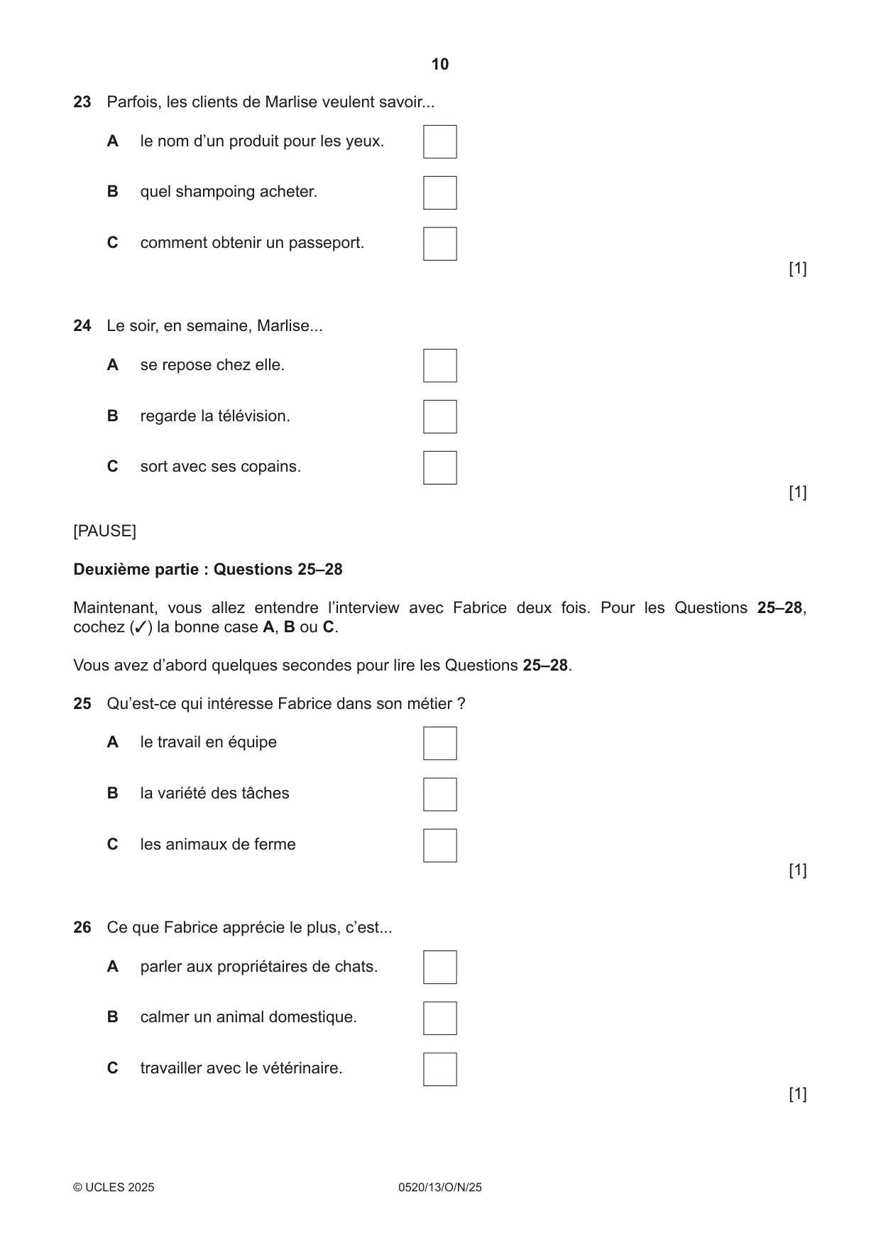 Cambridge IGCSE French - Foreign Language 0520 2025 Oct/Nov Paper 1 · Variant 3 question paper, page 10 of 16