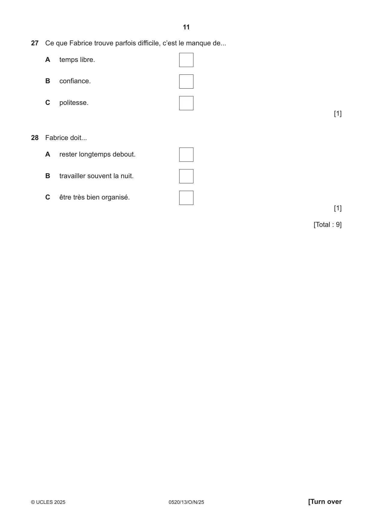 Cambridge IGCSE French - Foreign Language 0520 2025 Oct/Nov Paper 1 · Variant 3 question paper, page 11 of 16