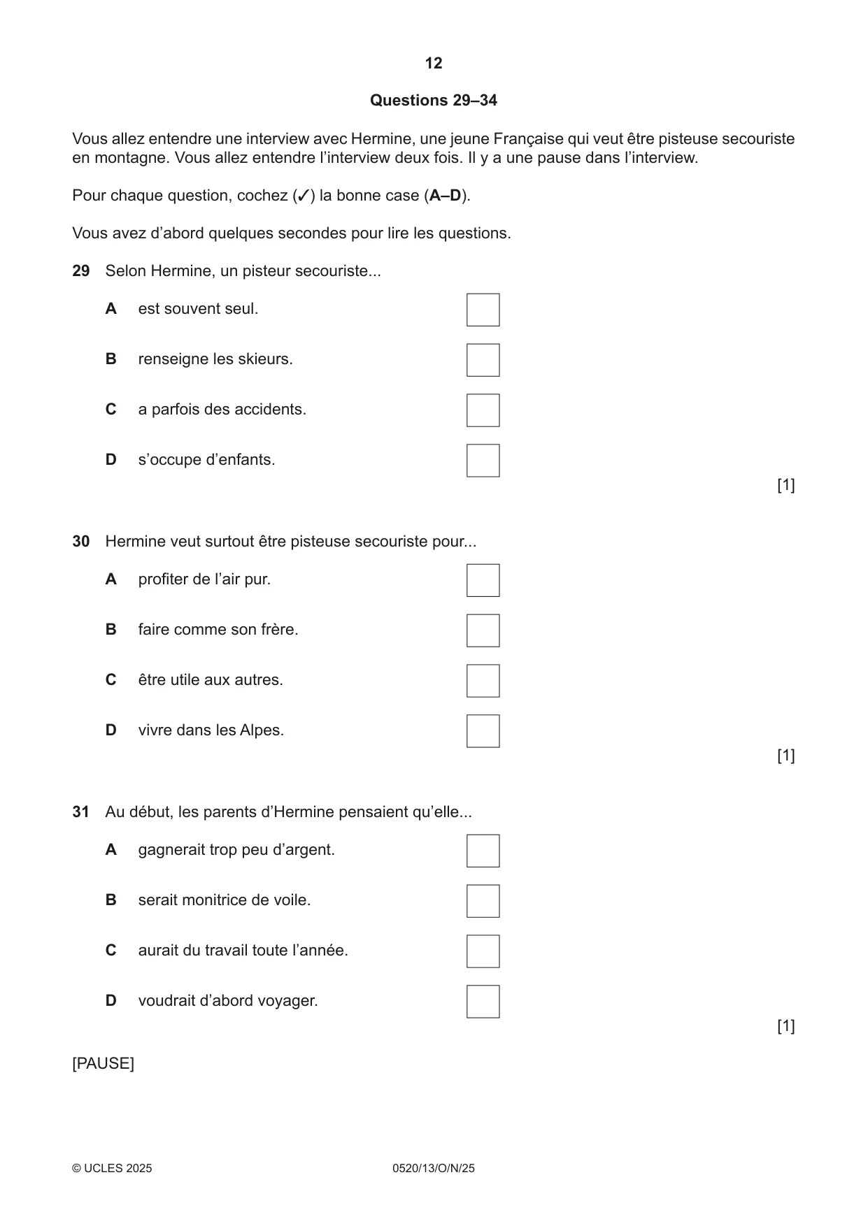 Cambridge IGCSE French - Foreign Language 0520 2025 Oct/Nov Paper 1 · Variant 3 question paper, page 12 of 16