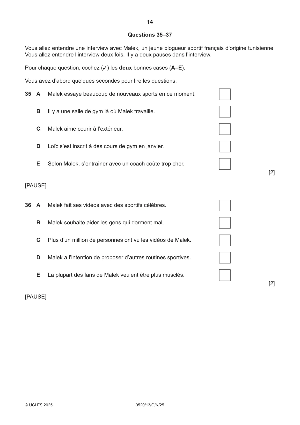 Cambridge IGCSE French - Foreign Language 0520 2025 Oct/Nov Paper 1 · Variant 3 question paper, page 14 of 16