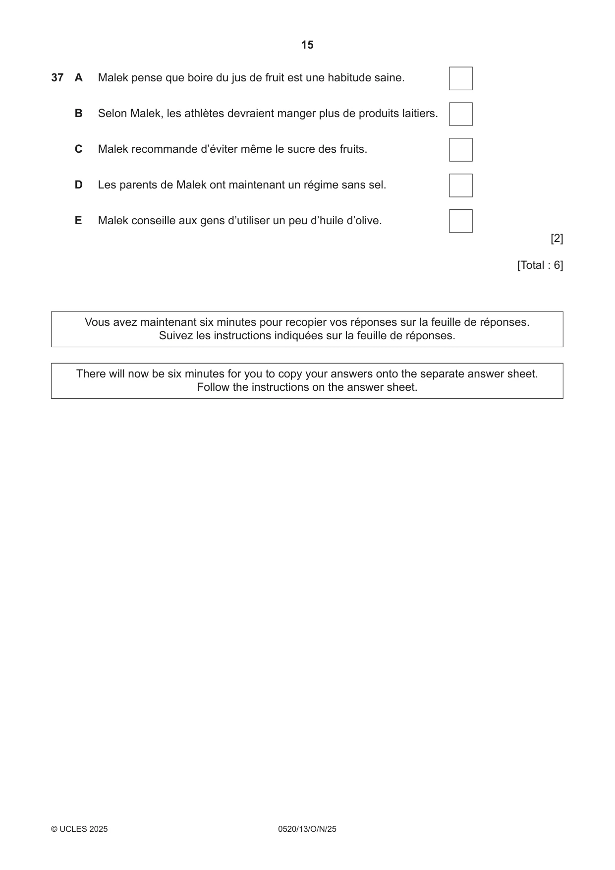 Cambridge IGCSE French - Foreign Language 0520 2025 Oct/Nov Paper 1 · Variant 3 question paper, page 15 of 16