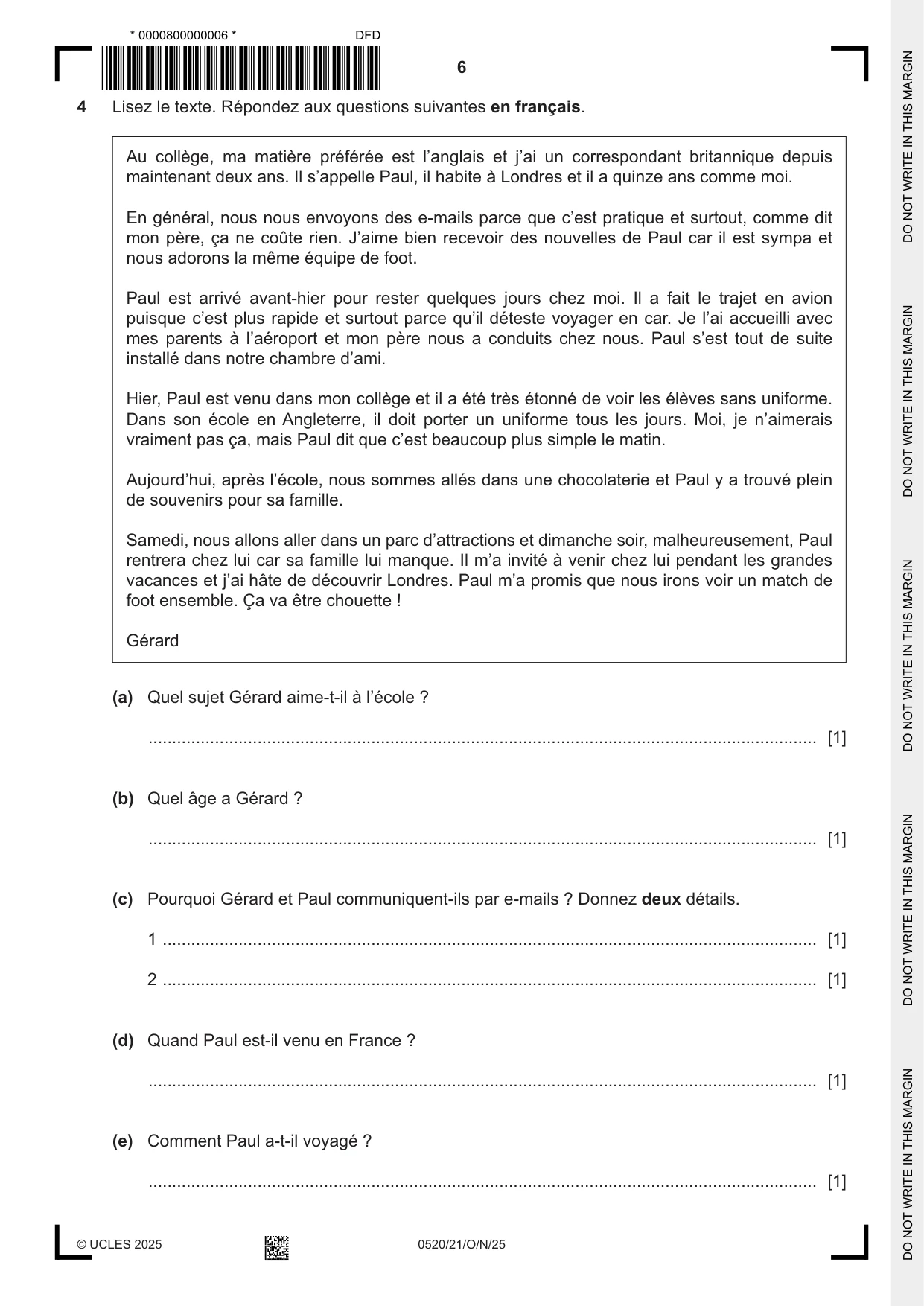 Cambridge IGCSE French - Foreign Language 0520 2025 Oct/Nov Paper 2 · Variant 1 question paper, page 6 of 12