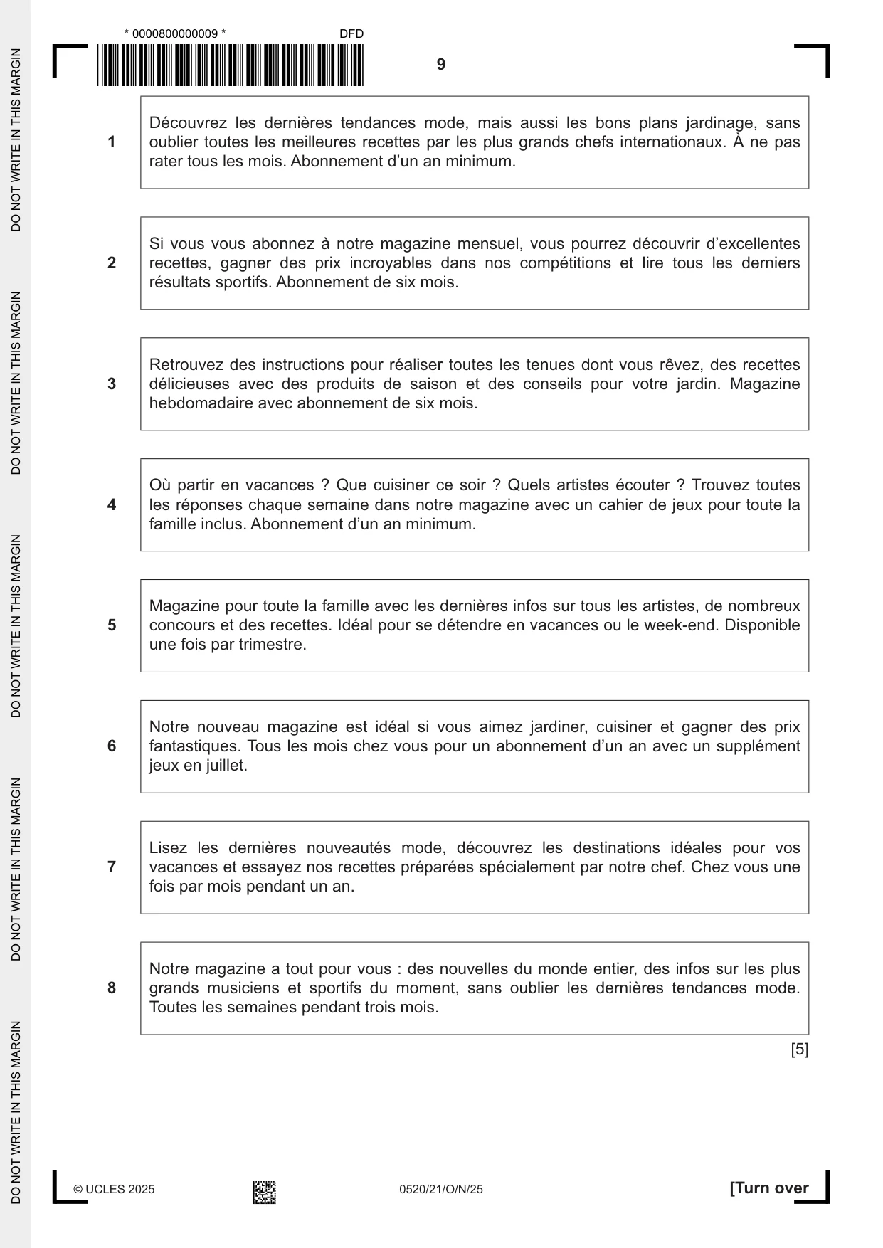 Cambridge IGCSE French - Foreign Language 0520 2025 Oct/Nov Paper 2 · Variant 1 question paper, page 9 of 12
